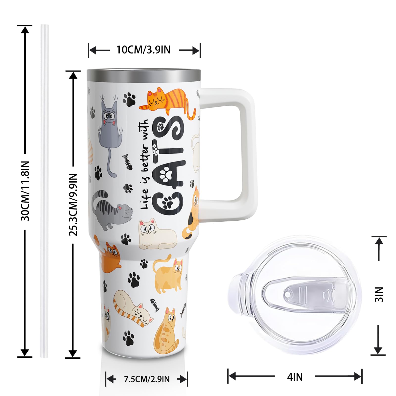 Funny Cat 40Oz Tumbler With Lid And Straw,Life Is Better With Cats Insulated Cup