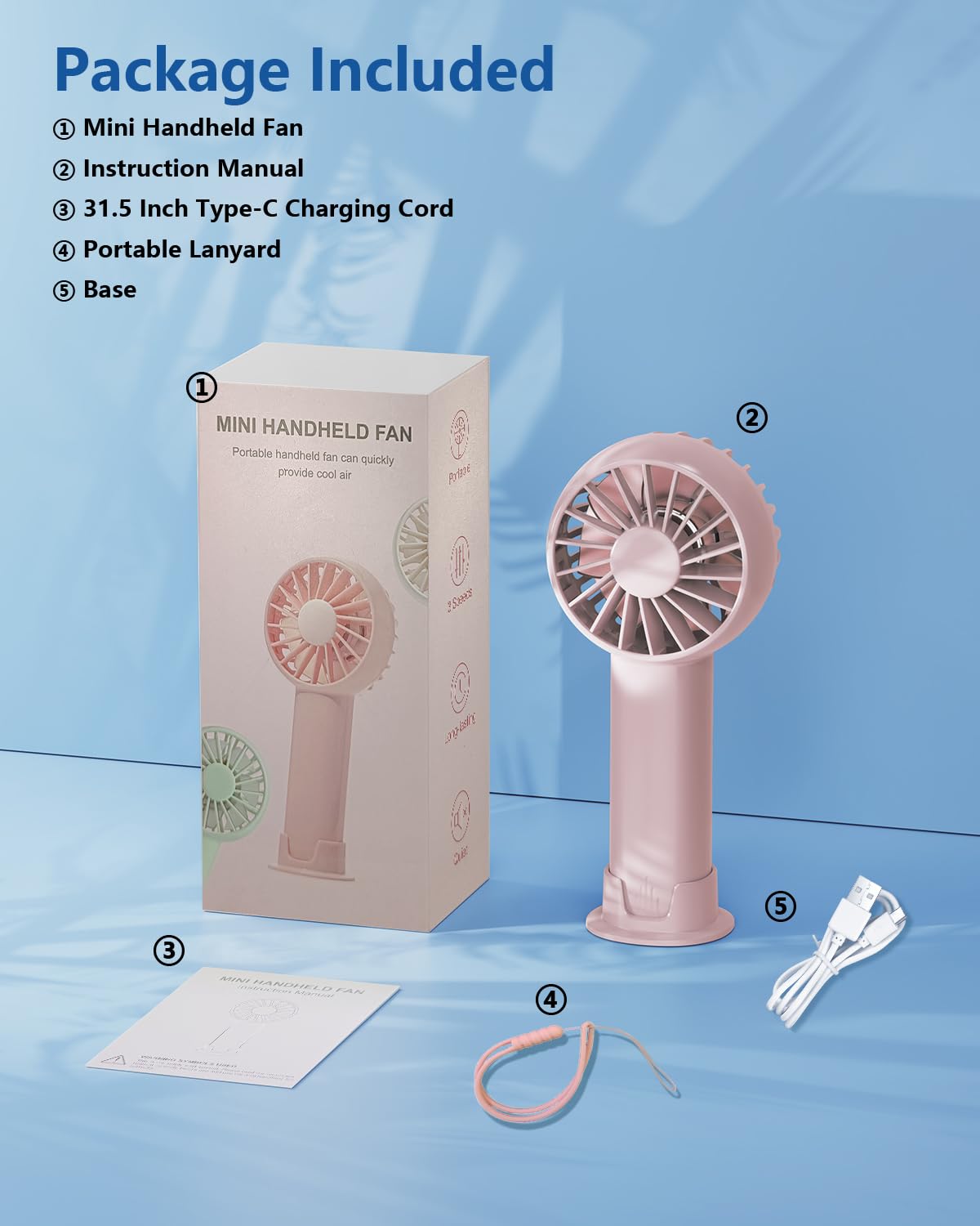Mini Portable Fan, Usb Rechargeable Battery Powered 3 Speed Adjustable Powerful Handheld Fans