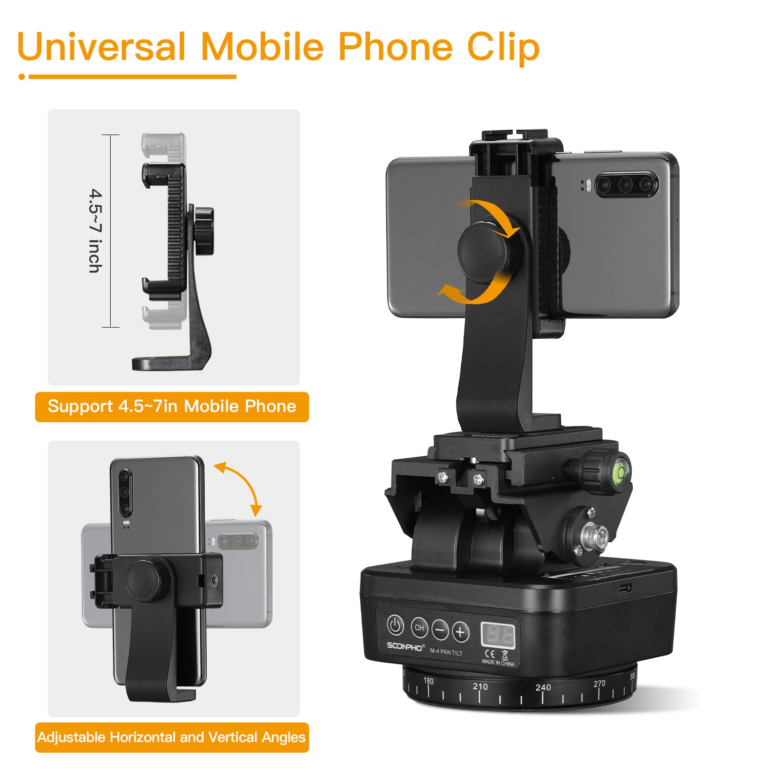 Soonpho M4 Motorized Rotating Panoramic Tripod Head, Remote Control Pan Tilt Head With Remote Control And Mobile Phone Clip For Dslr Cameras, Camcorders, Smartphones, Tripod