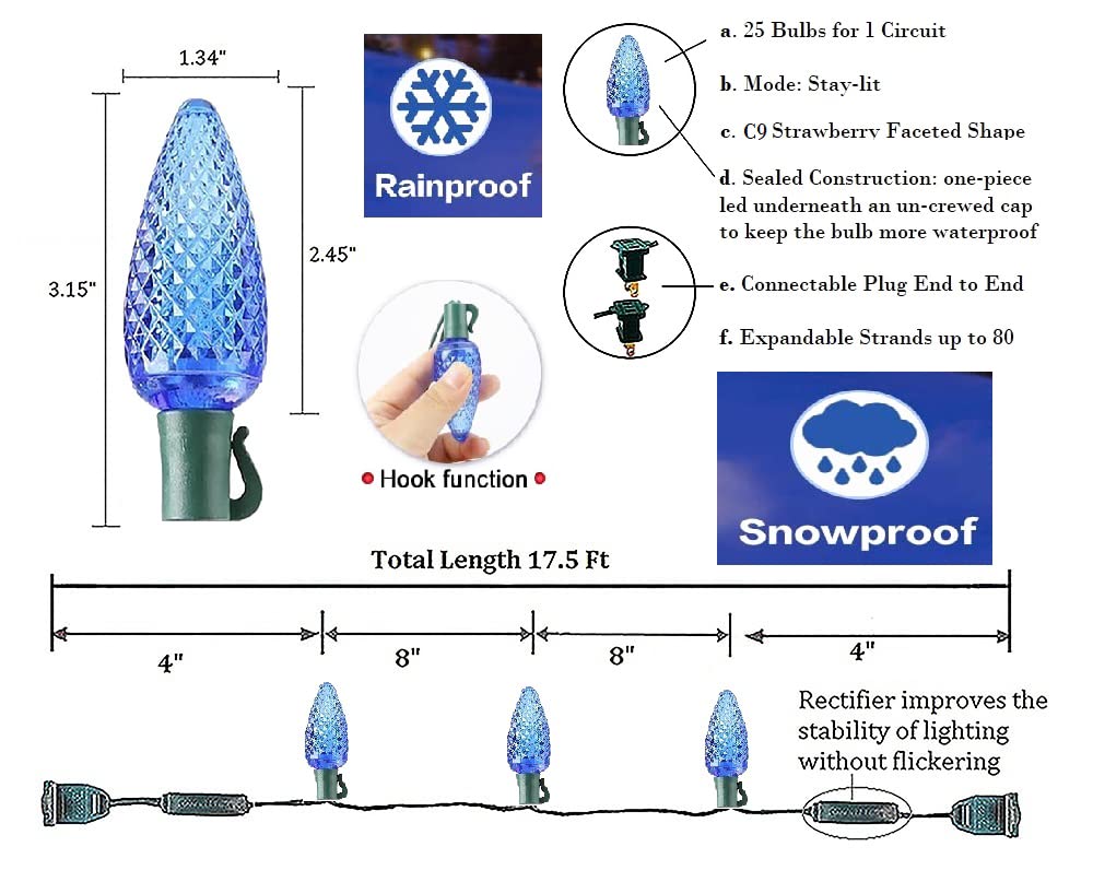 Borita Blue C9 17Ft 25 Led Straberry Christmas Lights -Commercial Grade, Connectable Plug, Thick Green Wire,Vintage Decorative Lights -Outdoor Use