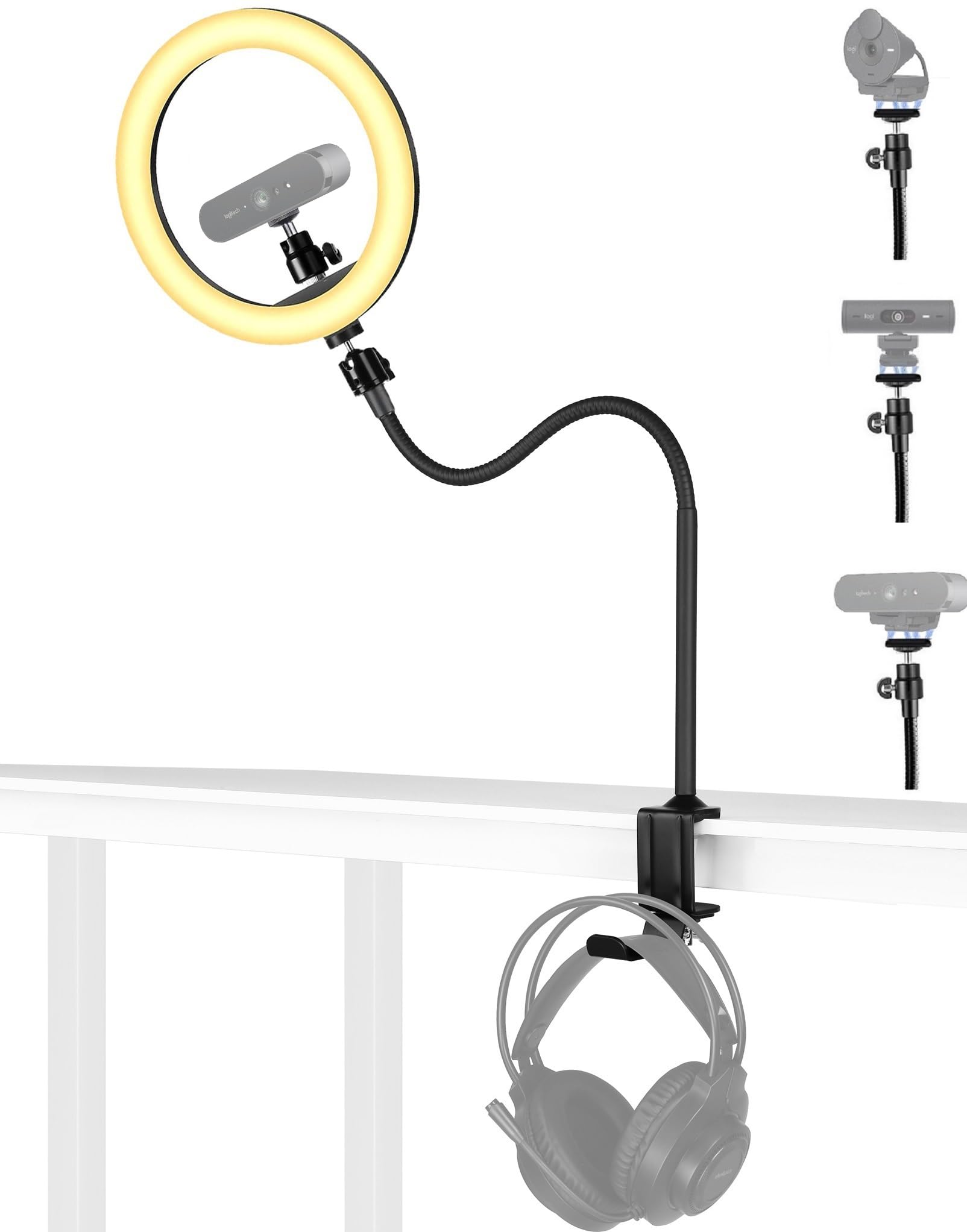 Acetaken Brio Webcam Ring Light Stand, 24-Inch Arm Clamp Mount Magnetic Holder With 10-Inch Selfie Light And Headphone Hook Compatible With Logitech Brio 100 101,301 300,500,Brio 4K,C270,C310 Webcams