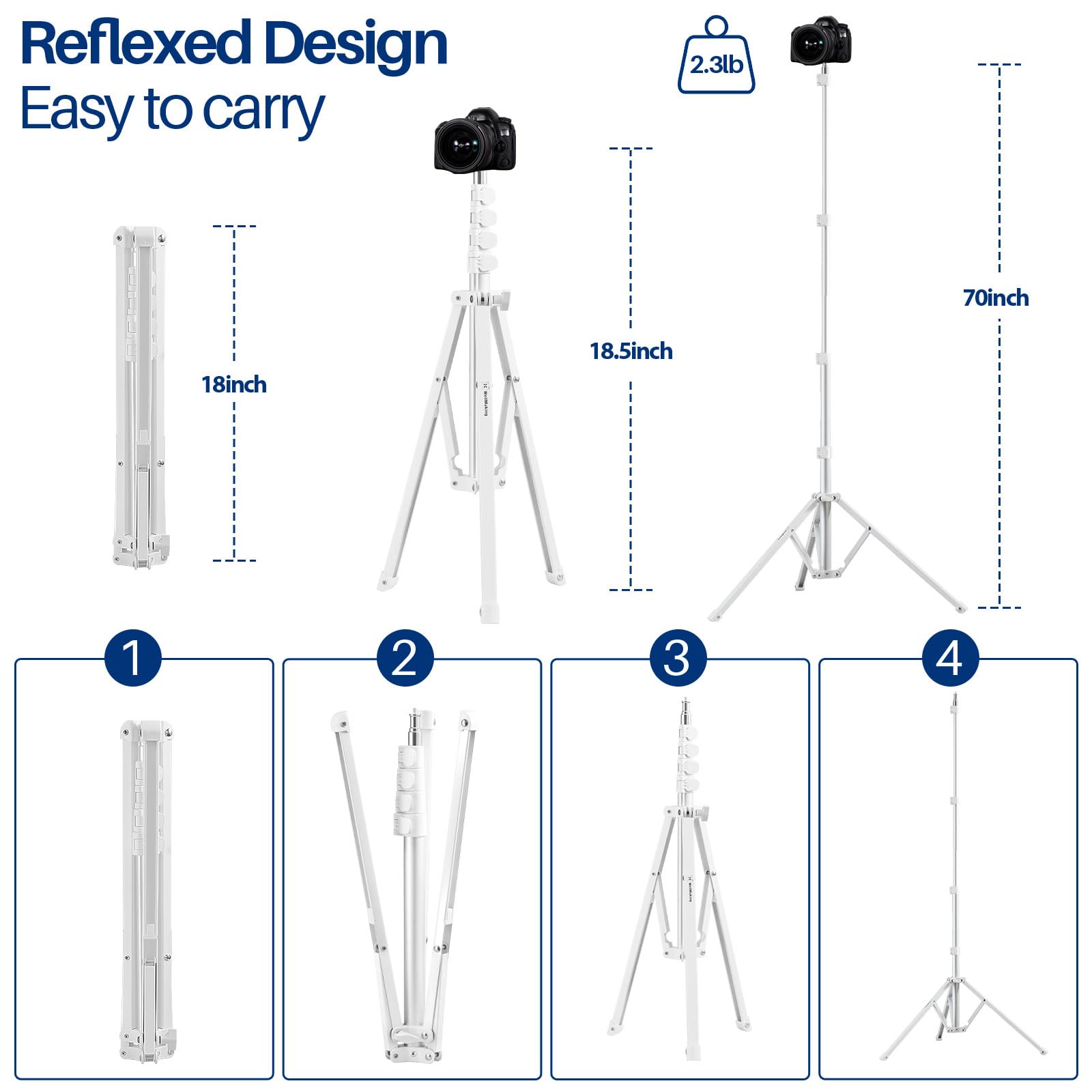 Wellmaking 72" Led Light Stand - Reverse Folding Light Tripod For Photography, Portable, Suitable For Streaming, Vlog, Youtube (White)