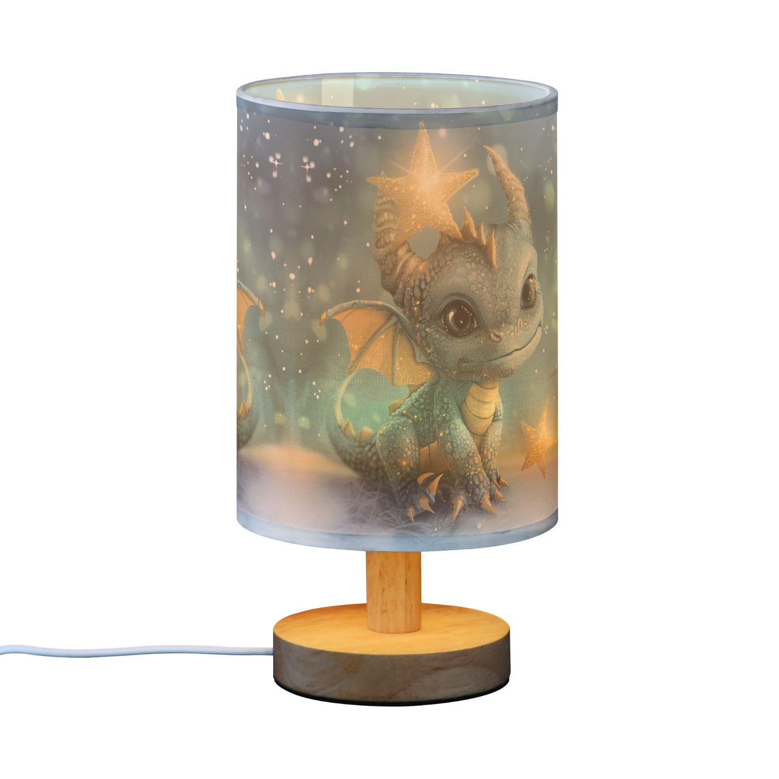 Yyzzh Table Lamp Watercolor Dragon Baby Animal Nightstand Lamp With Wood Base Fabric Lamp Shade Bedside Desk Lamp For Living Room Bedroom Kids Room Office