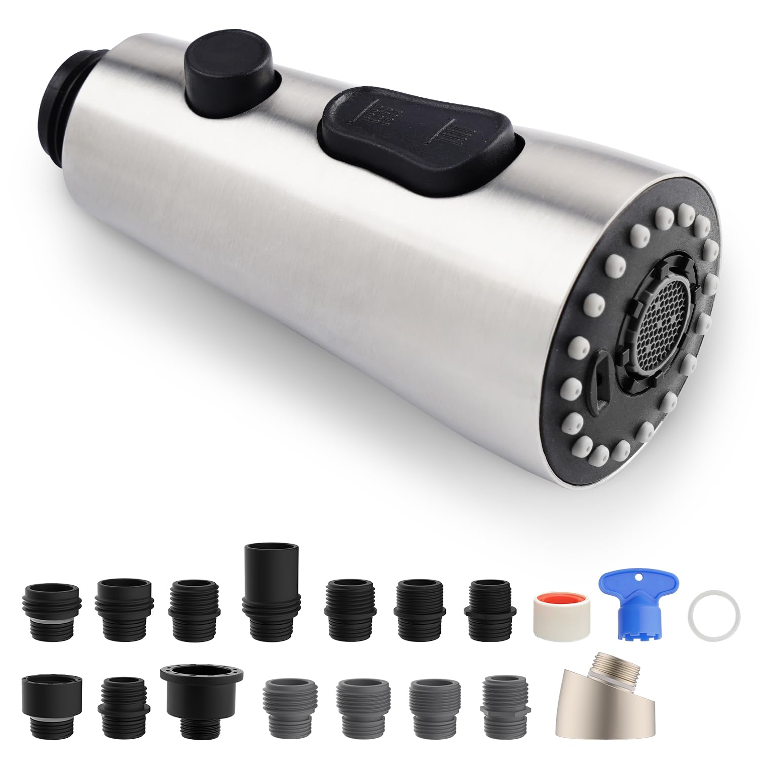 Ifealclear Universal Metal Kitchen Faucet Head Replacement, Pull Down Kitchen Sink Faucet Sprayer Head, Compatible With Moen, Delta, American Standard Faucets,15 Adapters, 3 Modes, Brushed Nickel