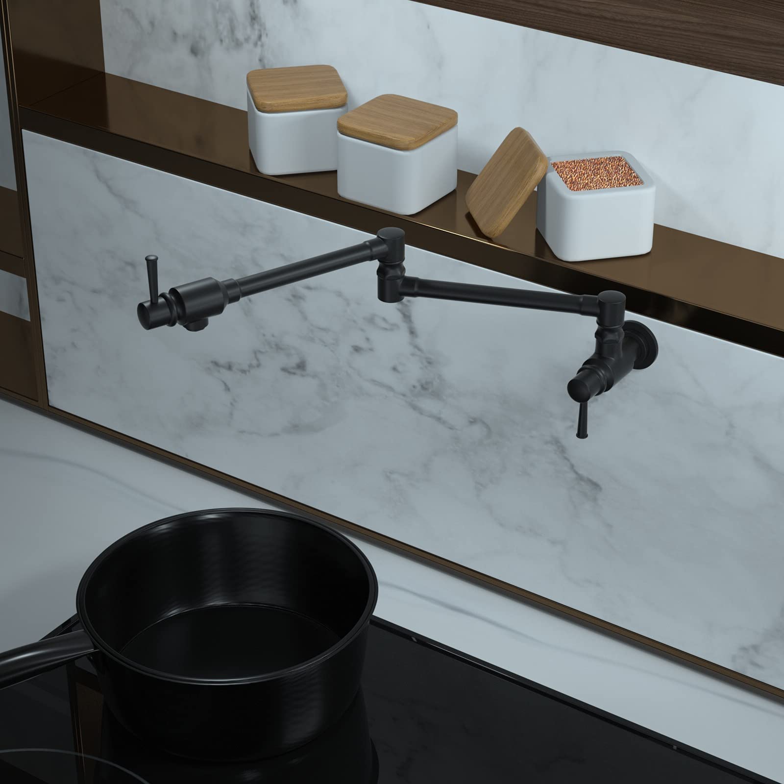 Cwm Bestjeef Matte Black Pot Filler Faucet,Pot Filler Black Folding Faucet,Commercial Wall Mount Stainless Steel Material Stretchable Double Joint Swing Arm With Single Hole Two Handles.