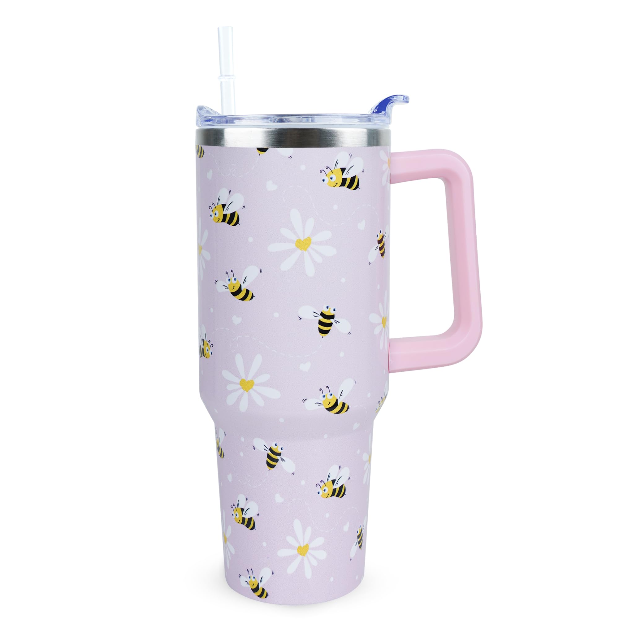 40 Oz Cute Daisy Bee Tumbler With Handle And Straw, Stainless Steel Insulated Cup With Lid