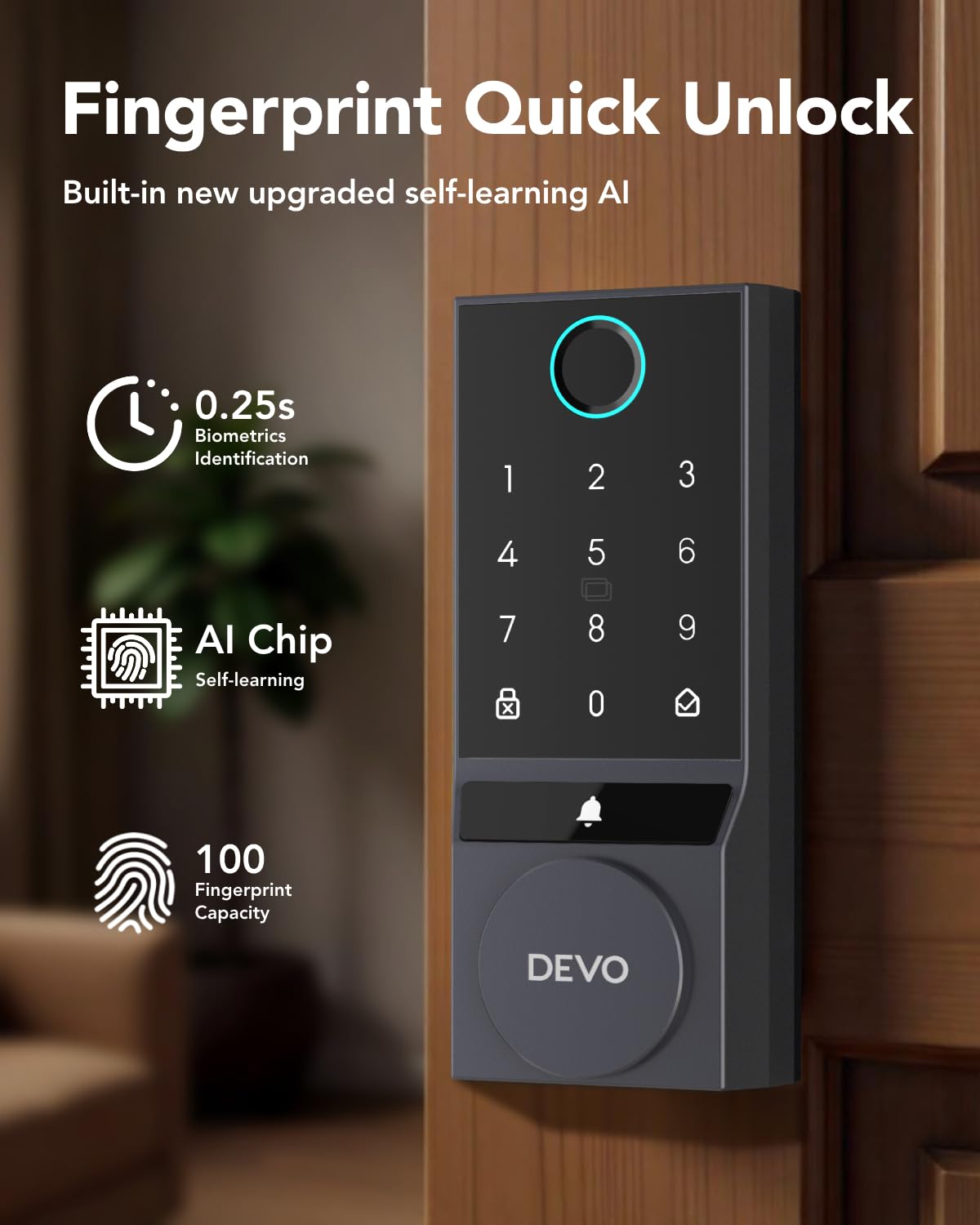 Devo G3 Door Lock For Front Door, 6 In 1 Fingerprint Keyless Entry Door Lock, Built-In Wi-Fi Smart Lock Deadbolt With App Remote Control, Easy Install No Hub, Ip54 Waterproof, Auto-Lock