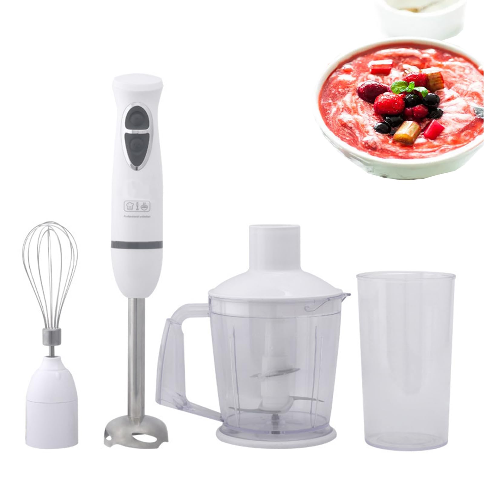 Uniqus Handheld Immersion Blender 4-In-1 Kitchen Essentials 2-Speed Electric Whisk With Egg-Beater, Muddler, Cuisine Cup, Chopped Meat Bowl For Sauces And Soups