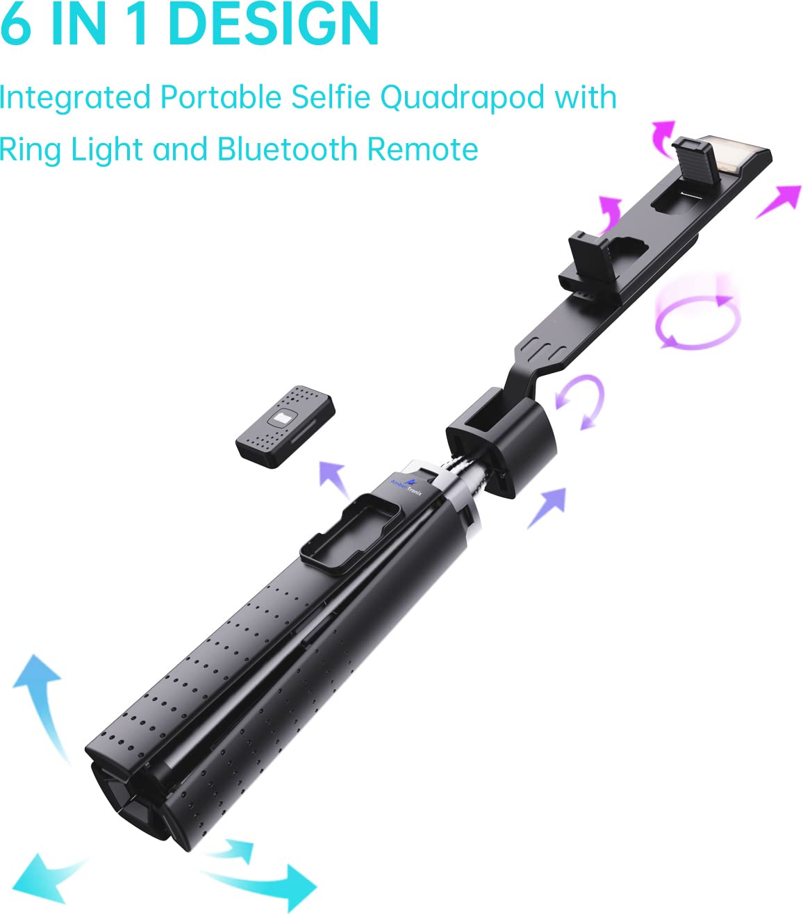 Ambertronix 40” Selfie Stick Tripod Quadrapod, Onboard Light, Wireless Bluetooth Remote, Extendable, Stainless Steel, 3 Light Modes, 9 Brightness Levels, Compatible With All Iphone & Android Devices
