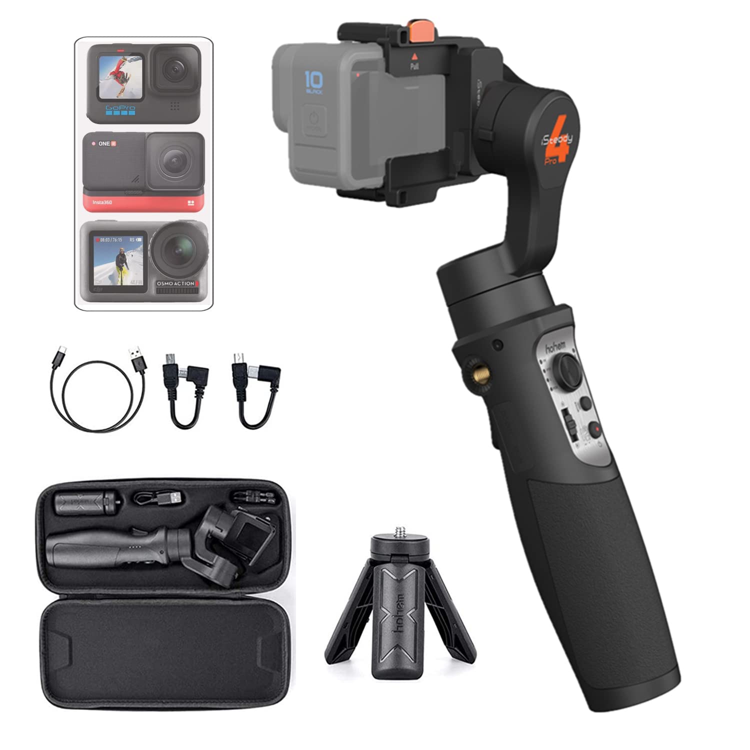 Hohem Isteady Pro 4 Action Camera Gimbal 3-Axis Splashproof Stabilizer For Gopro Hero 13/12/11/10/9/8/7/6/5/4/3,Dji Osmo Action,Insta360 One R,Sony Rx0,Quick Mounting,14Hrs Runtime