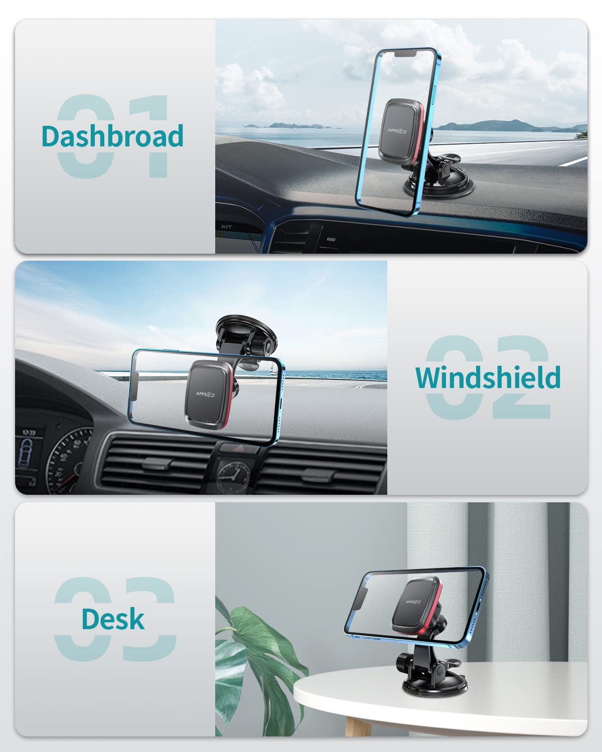 Apps2Car Magnetic Car Phone Mount With Adjustable Arm & 6 Strong Magnets Universal Dashboard Windshield Cell Phone Holder Compatible With All Smartphones