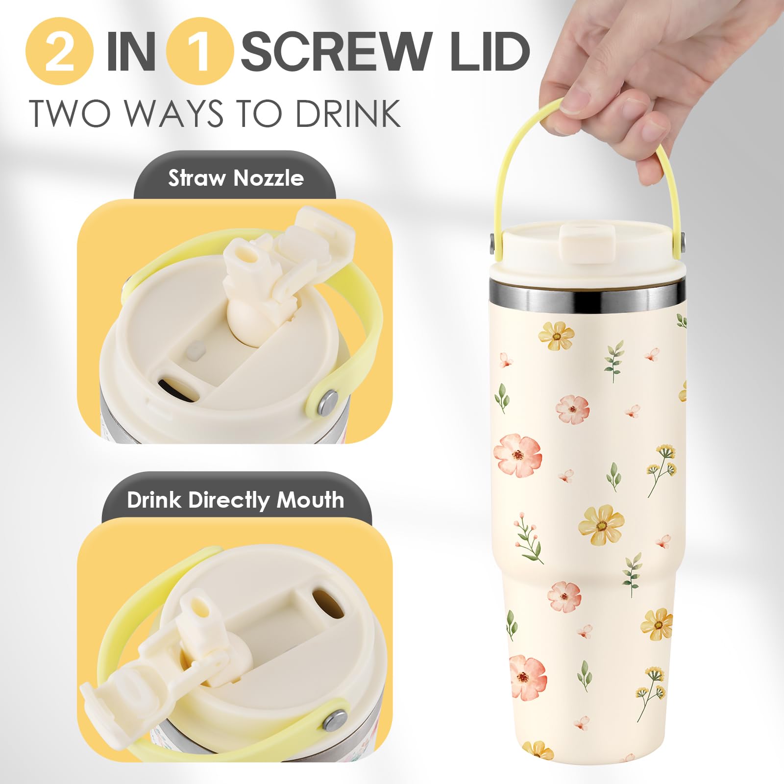 Daisy Tumbler 30Oz Stainless Steel Water Bottle With Handle Flip Straw, Leakproof Travel Mug Iced