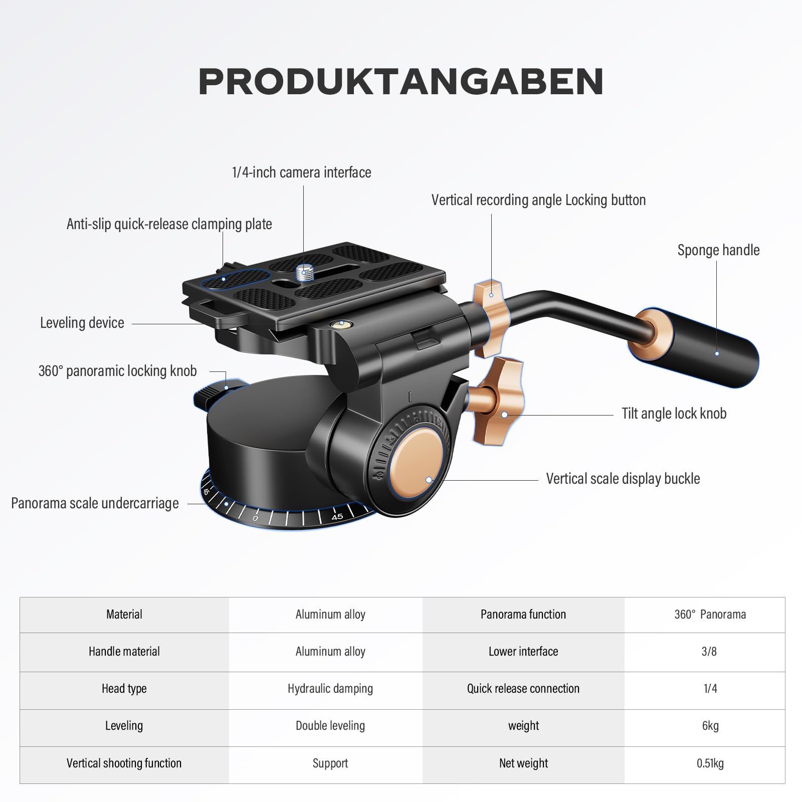 Soonpho Q-08S Heavy Duty Video Camera Tripod Fluid Drag Pan Head With Extended Handle For Dslr Camera,Camcorders,1/4 & 3/8 Inch Screw Sliding Plate 360 Degree Rotating Tripod Head