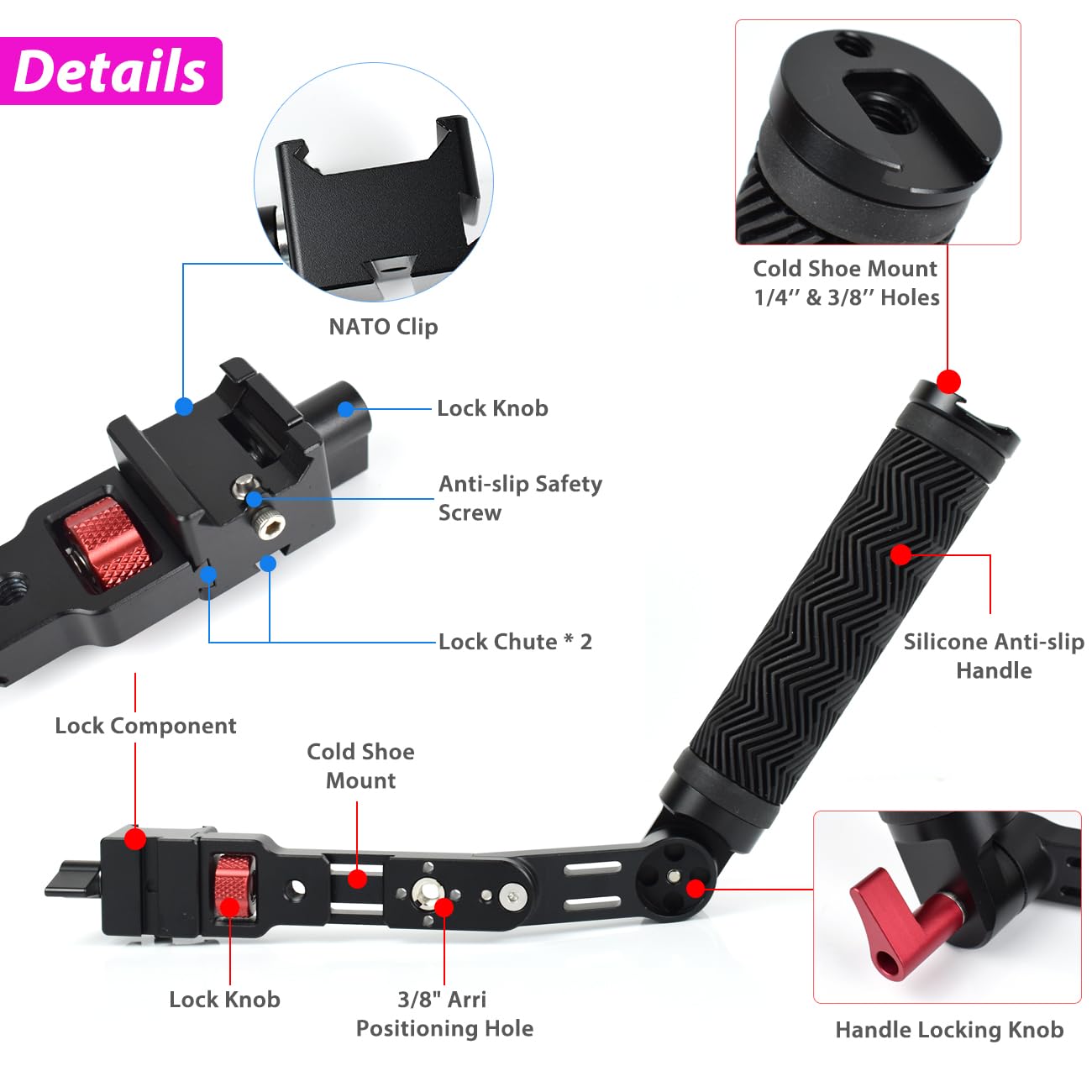 Akeipho Adjustable Nato Briefcase Sling Handle For Dji Ronin Rsc2 / Rs3 / Rs3 Mini, Gimbal Handgrip Extension Grip With Cold Shoe Mount 1/4" 3/8" Holes For Video Light, Microphone, Monitor