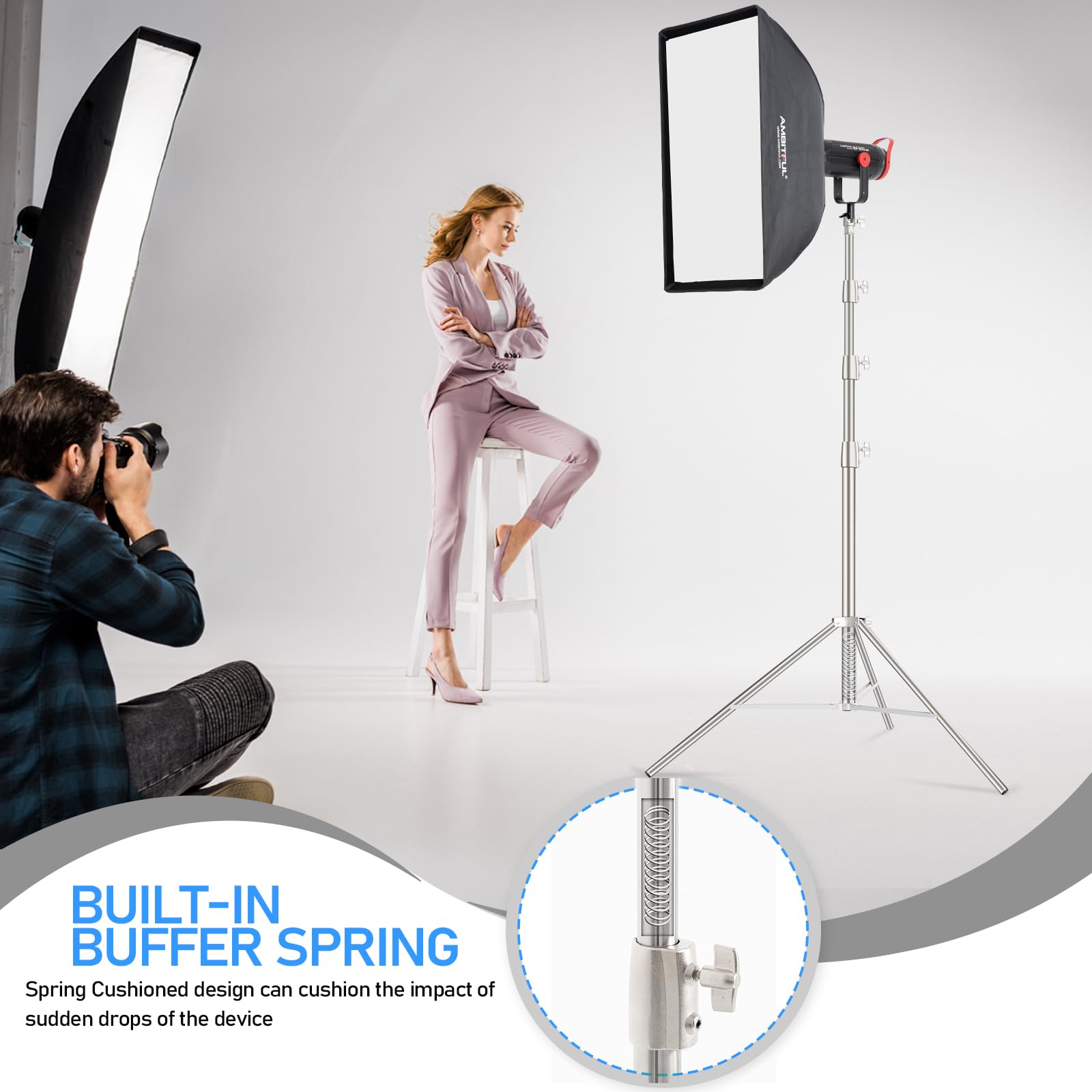 Ambitful Stainless Steel Photography Light Stand,13.1Ft/4M Spring Cushioned Heavy Duty Tripod Stand With 1/4” To 3/8” Screw Adapter For Strobe,Led Video Light,Ring Light, Monolight, Softbox