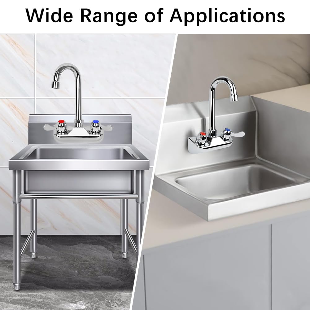 Tnroted 4 Inch Center Commercial Hand Sink Faucet With 3-1/2”Gooseneck Spout, Dual Lever Handle Wall Mount Utility Sink Faucet For Bar/Kitchen/Restaurant Sink,Brass Constructed