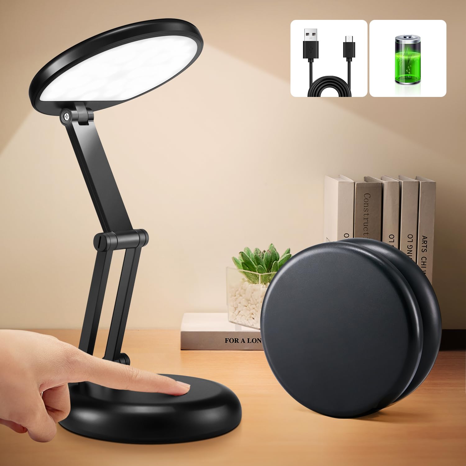 Coolnight Small Desk Lamp, 10 Brightness Led Desk Lamp For Home Office, Rechargeable & Cordless, Eye-Caring, Black