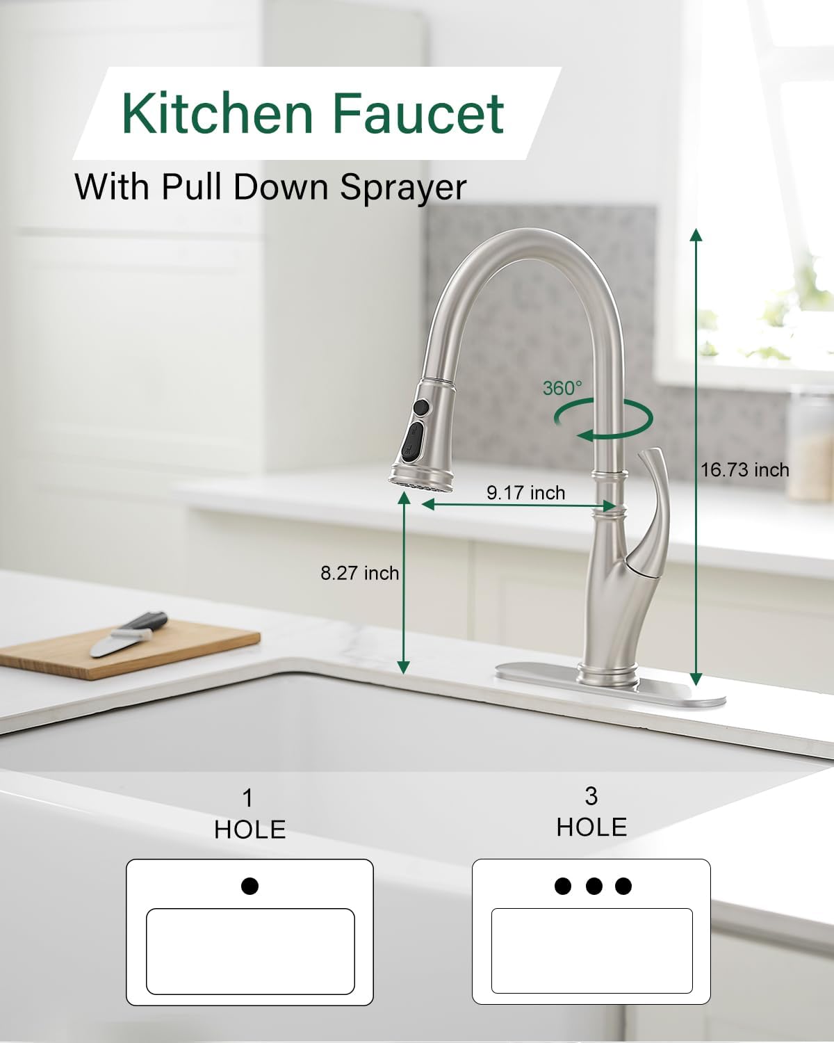 Greenspring Brushed Nickel Kitchen Sink Faucet With Pull Down Sprayer Modern Faucet For Kitchen Sink High Arc Single Handle Kitchen Sink Faucets For 1 Or 3 Hole Sink, Brass Pull Out Kitchen Faucet
