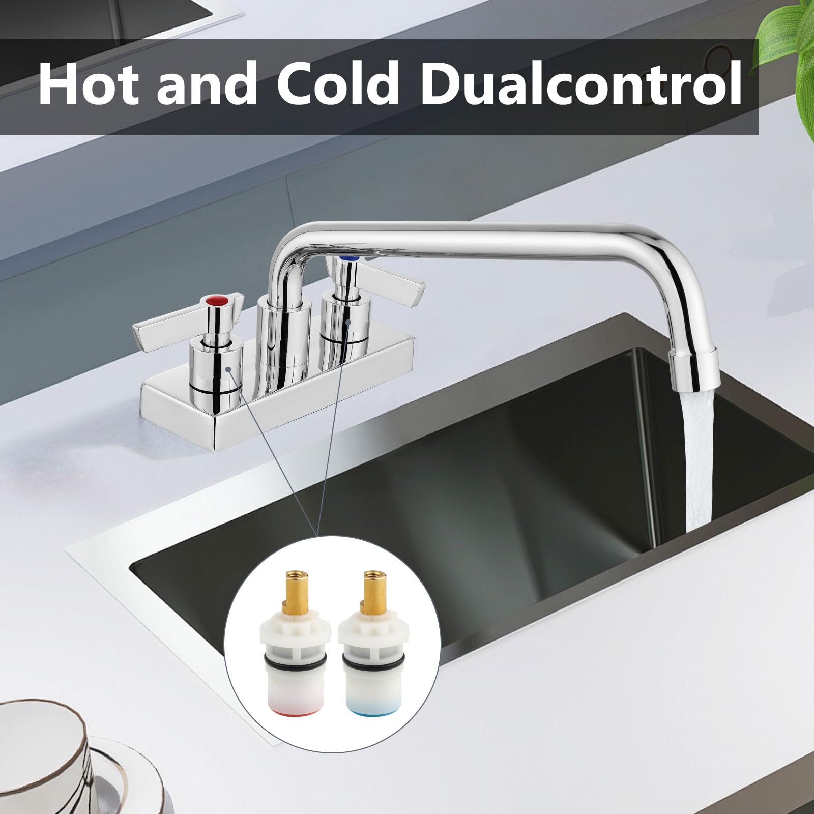 Gbbne Commercial Kitchen Faucet Bar Sink Faucet 4 Inch Center Deck Mount Utility Laundry Faucet 2 Hole With Double Handle Polish Chrome With 12 Inch Spout