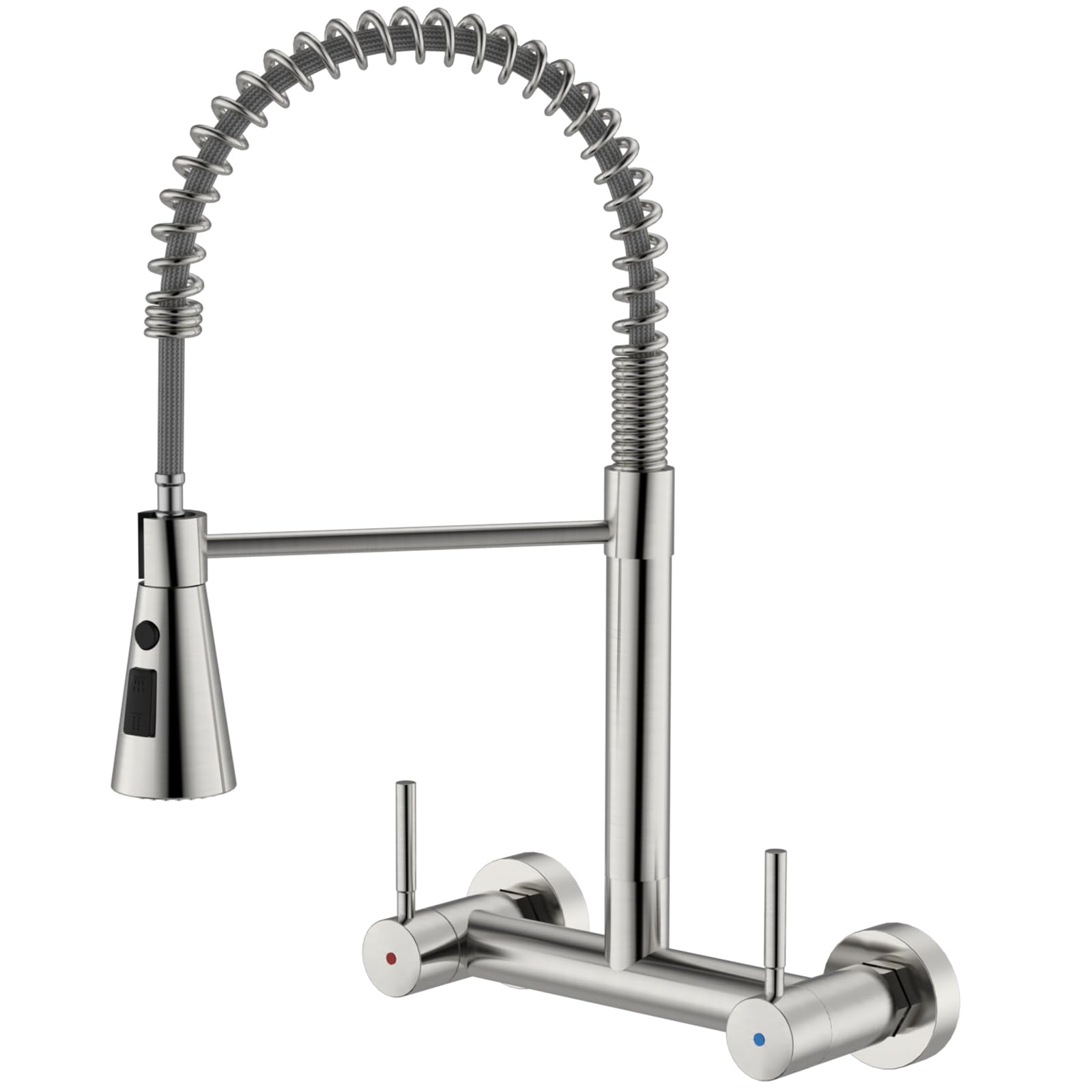 Ajo Bend Wall Mount Kitchen Faucet 2 Handles, 8 Inch Center Wall Commercial Utility Sink Faucet With Pull Out Sprayer 3 Modes, Stainless Steel, Brushed Nickel