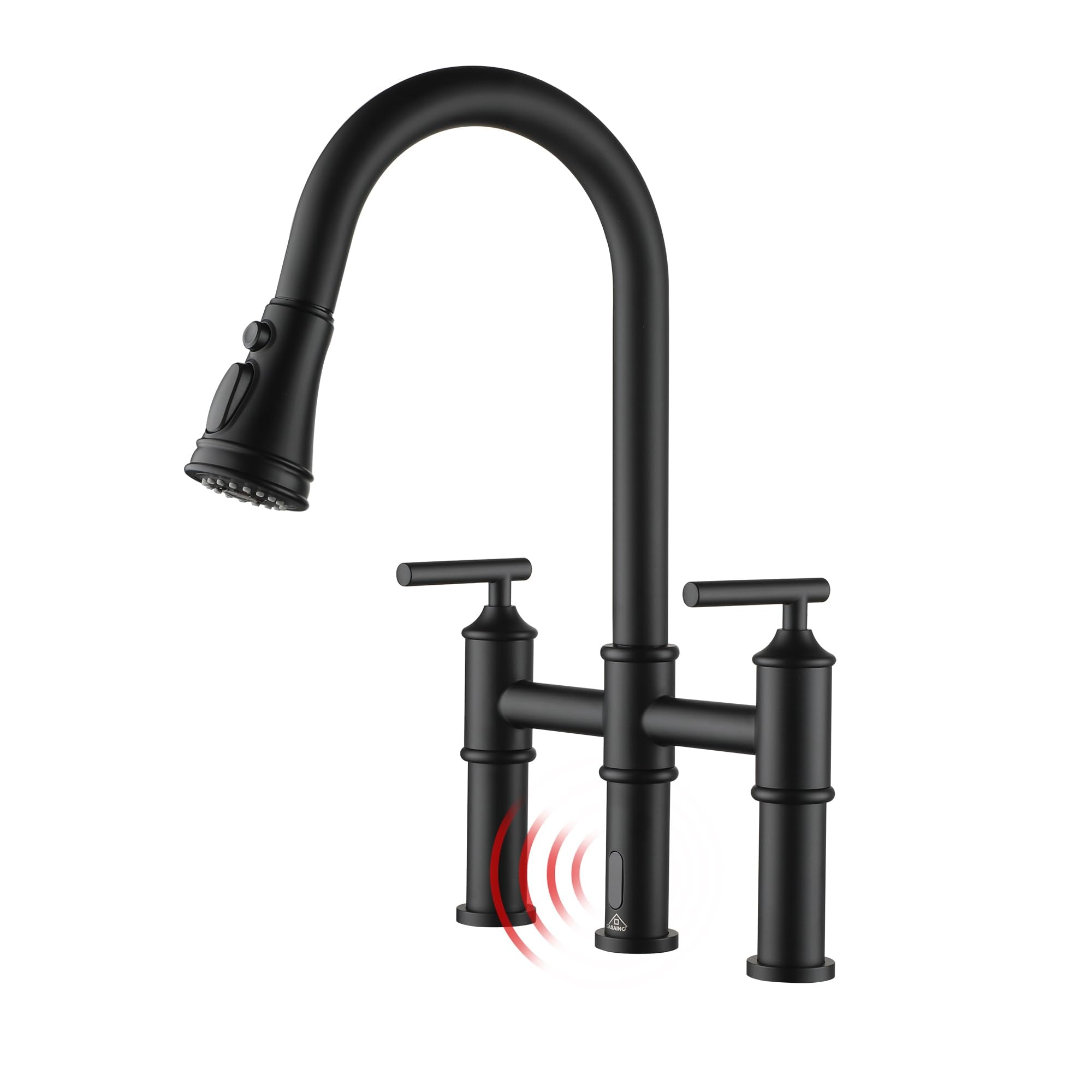 Casainc Bridge Kitchen Faucet, Motion Sensor Kitchen Faucet For Sink 1/3 Hole Matt Black Kitchen Sink Faucet, Doublehandle 8 Inch Centerset Bridge Faucet For Kitchen/Rv/Patio Sink Remodel