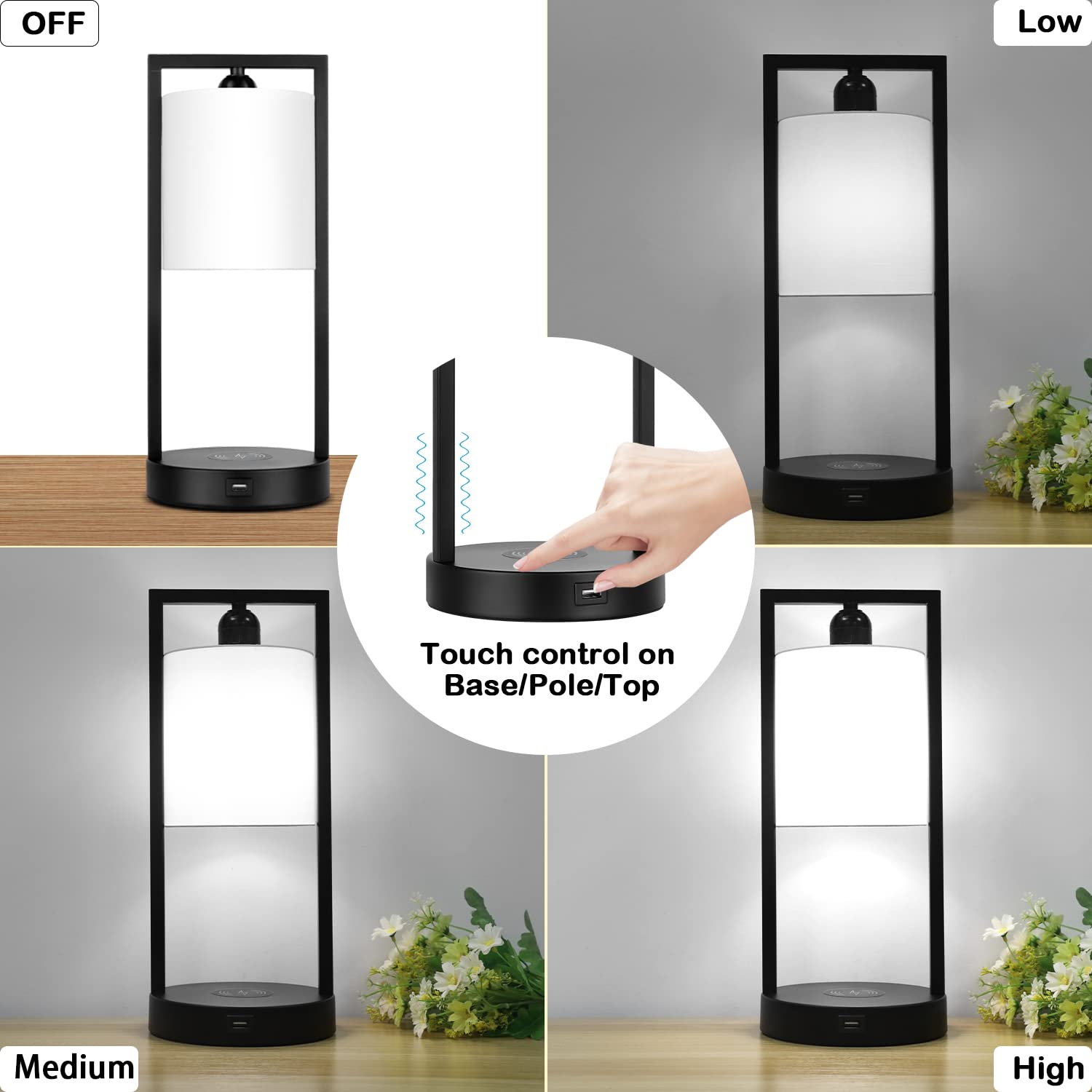 Tobusa Table Lamps For Bedrooms Set Of 2, Modern White Bedside Nightstand Lamps Touch Control 3-Way Dimmable For Living Room, Wireless Charging Desk Lamps With Usb Port, 5000K E26 Led Bulbs Included