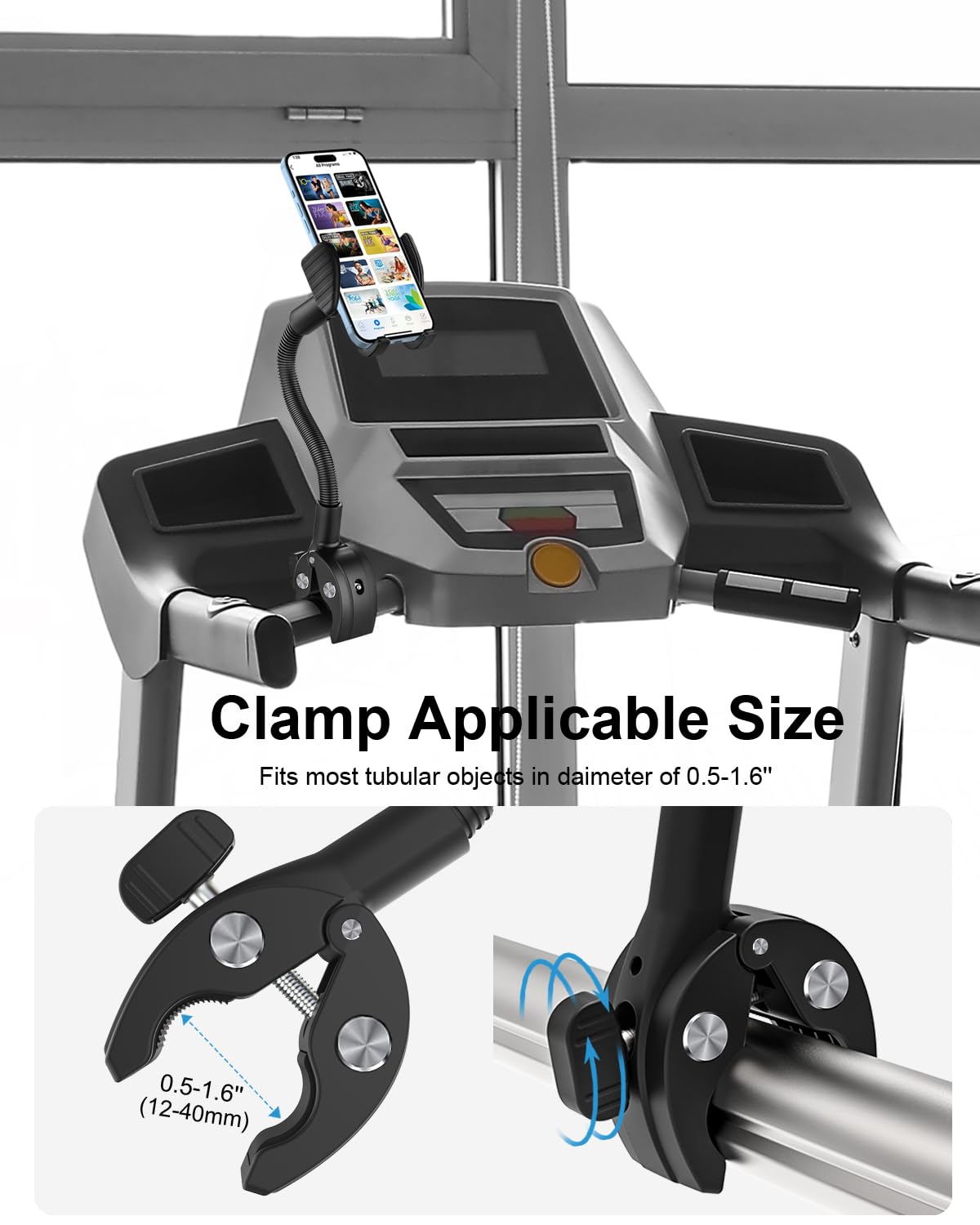 Woleyi Gooseneck Phone Holder For Wheelchair, Stroller, Golf Cart, Boat, Mic Stand, Indoor Cycling Bike, Gym Bicycle Handlebar Clamp, Compatible With Iphone 16 Pro Max/15/14/13/12, Android And All Smartphone
