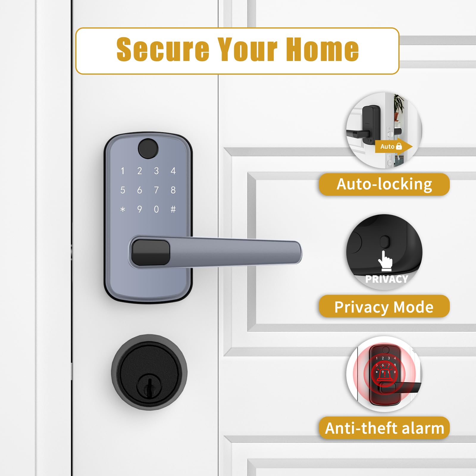 Olumat Smart Door Lock With Handle: Keyless Entry Door Lock With Keypad, Fingerprint, And App Control - Biometric Door Lock For Home Security - Easy Installation (Silver Gray)