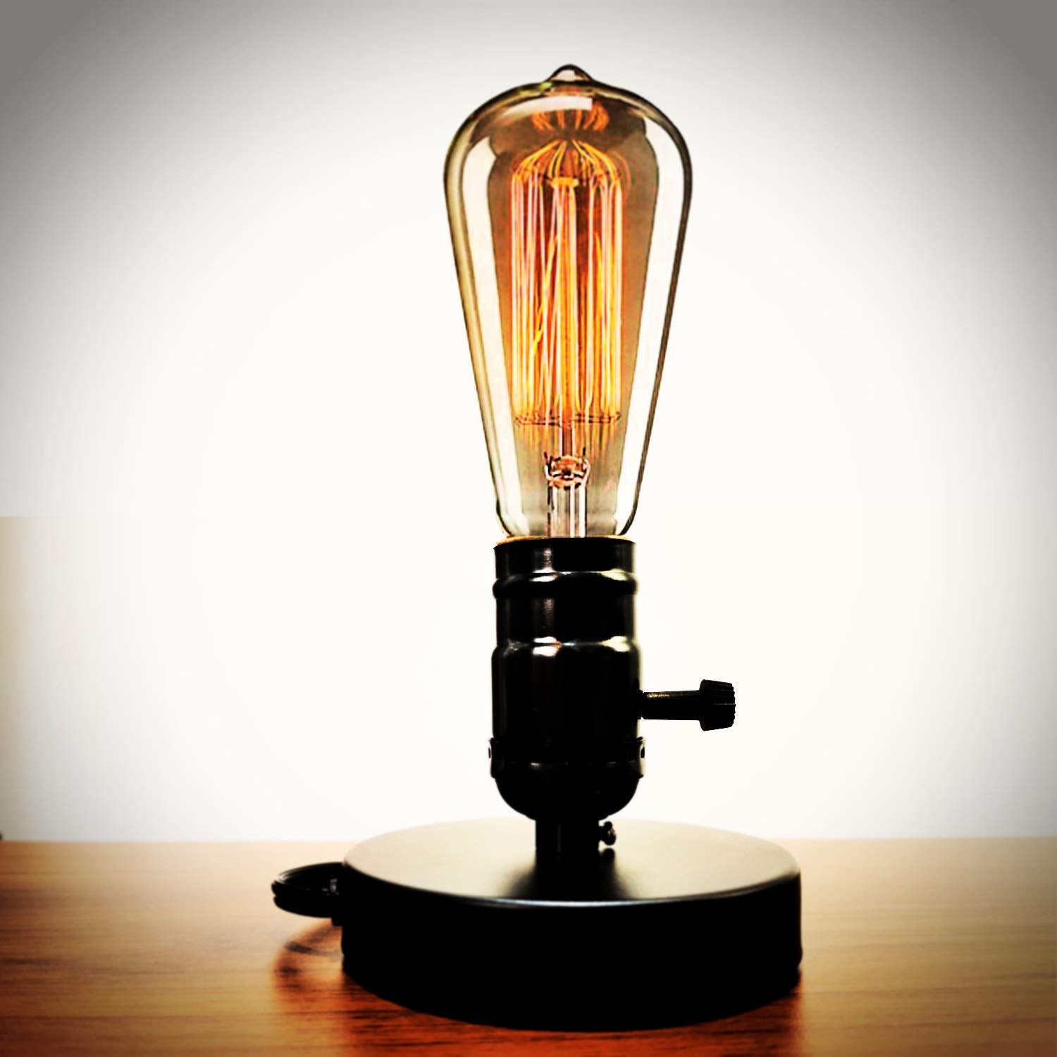 Yuankang Edison Desk Lamp, Vintage Table Lamp Base, E26 E27 Industrial Retro Loft Light With Plug In Cord On/Off Switch, Bedside Lamp Holder, Home/Office/College Dorm Lighting Decor, Black (No Bulb)