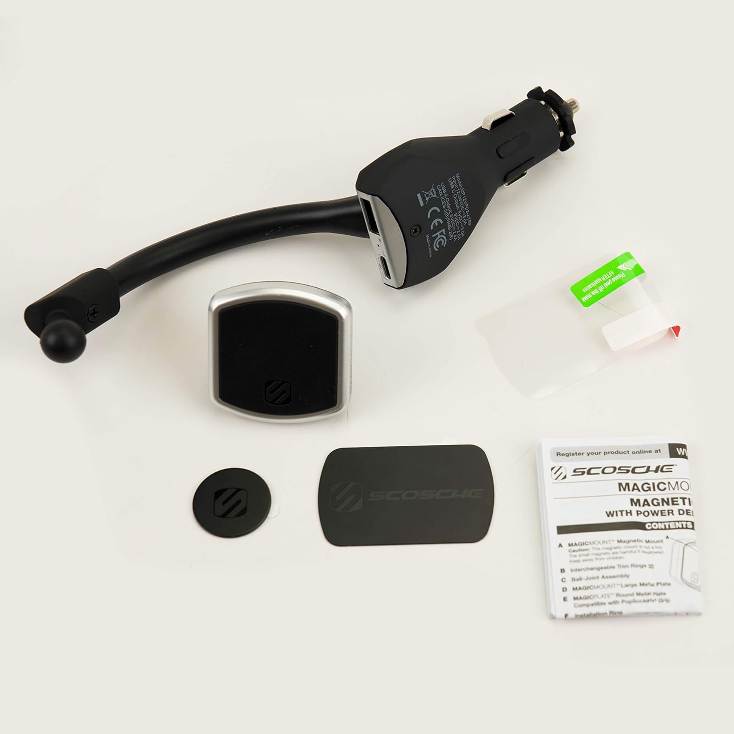 Scosche Mp12Vpd2-Xtsp Magicmount Pro Magnetic Phone/Gps Car Mount 30W Dual Port Type-C + Type-A Cell Phone Charger, Cigarette Lighter Adapter Holder, Compatible With Apple Iphone & More, Black/Silver