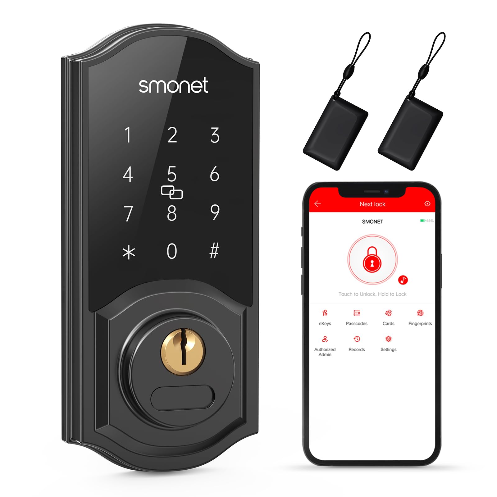 Smonet Smart Deadbolt, Keyless Entry Door Lock With Digital Keypad, Electronic Smart Locks For Front Door Bluetooth Touchscreen Lock Security, Remote Lock With Alexa And Gateway For Residential Home
