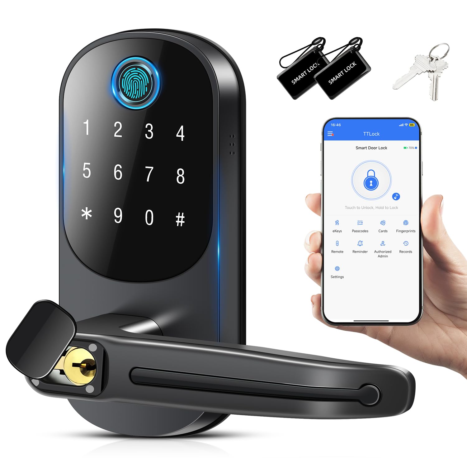 Msr605 Keyless Entry Door Lock, Smart Handle Lock With Keypad, Smart Locks For Front Door, Electronic Keypad Deadbolt With Handle, Fingerprint Locked With Code, Auto Locked For Exterior,Home(Matte Black)