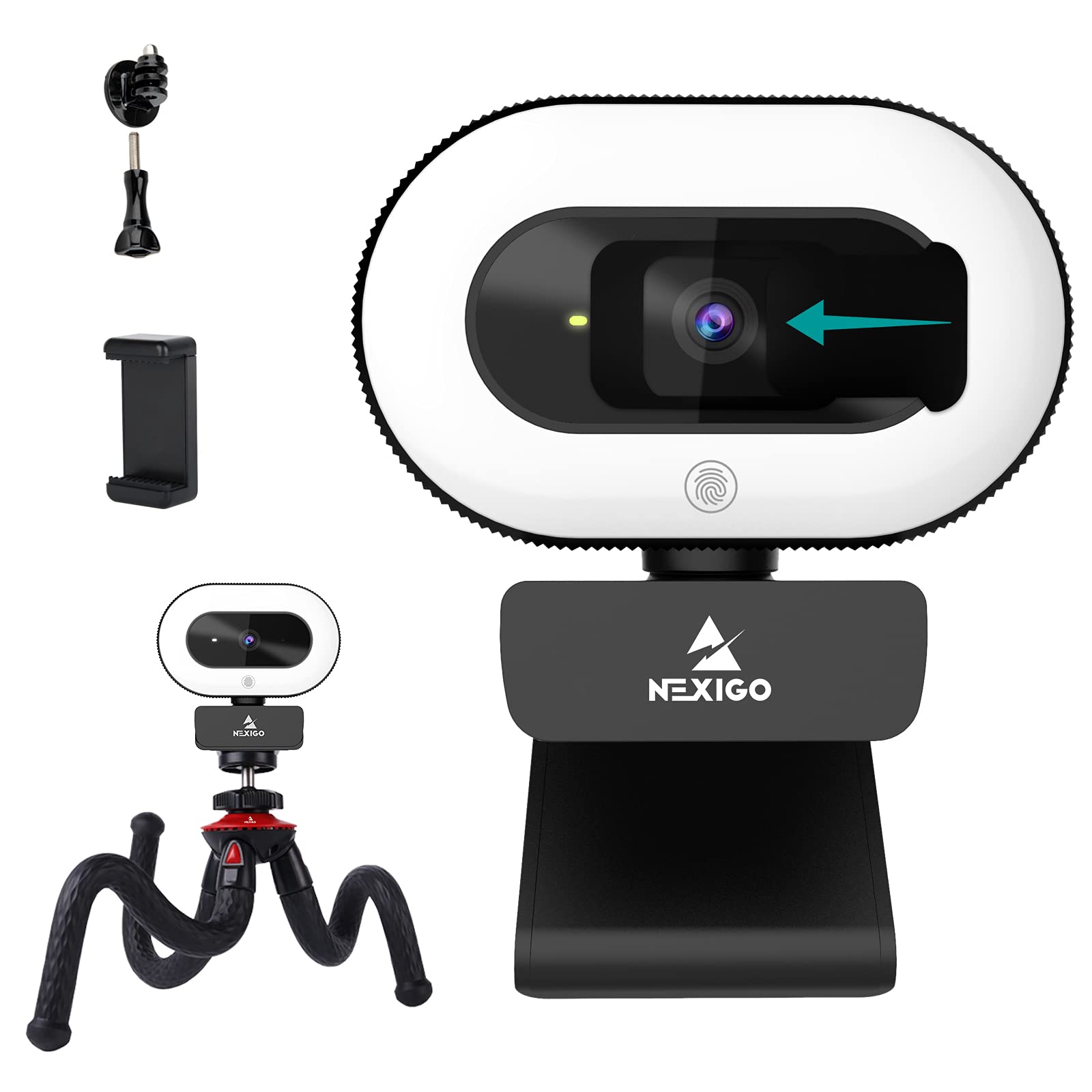Nexigo 1080P Streaming Webcam With Mini Tripod Kits, N930E Autofocus Web Camera With Ring Light And Privacy Cover, Flexible Camera Tripod Stand, For Zoom/Skype/Teams, Mac Pc