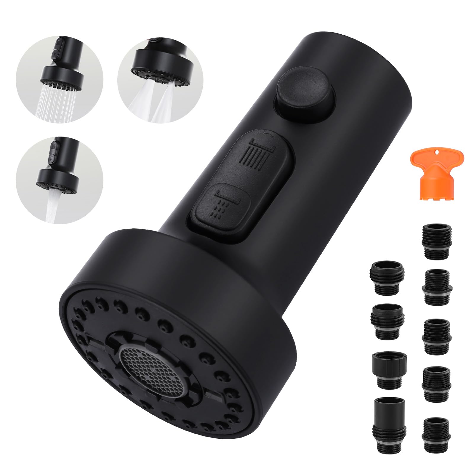 Arcora Pull Down Faucet Head Replacement: 3-Function Kitchen Faucet Sprayer Head Replacement With 9 Adapters - Matte Black Sink Faucet Head Compatible With Moen, Delta, American Standard Faucets