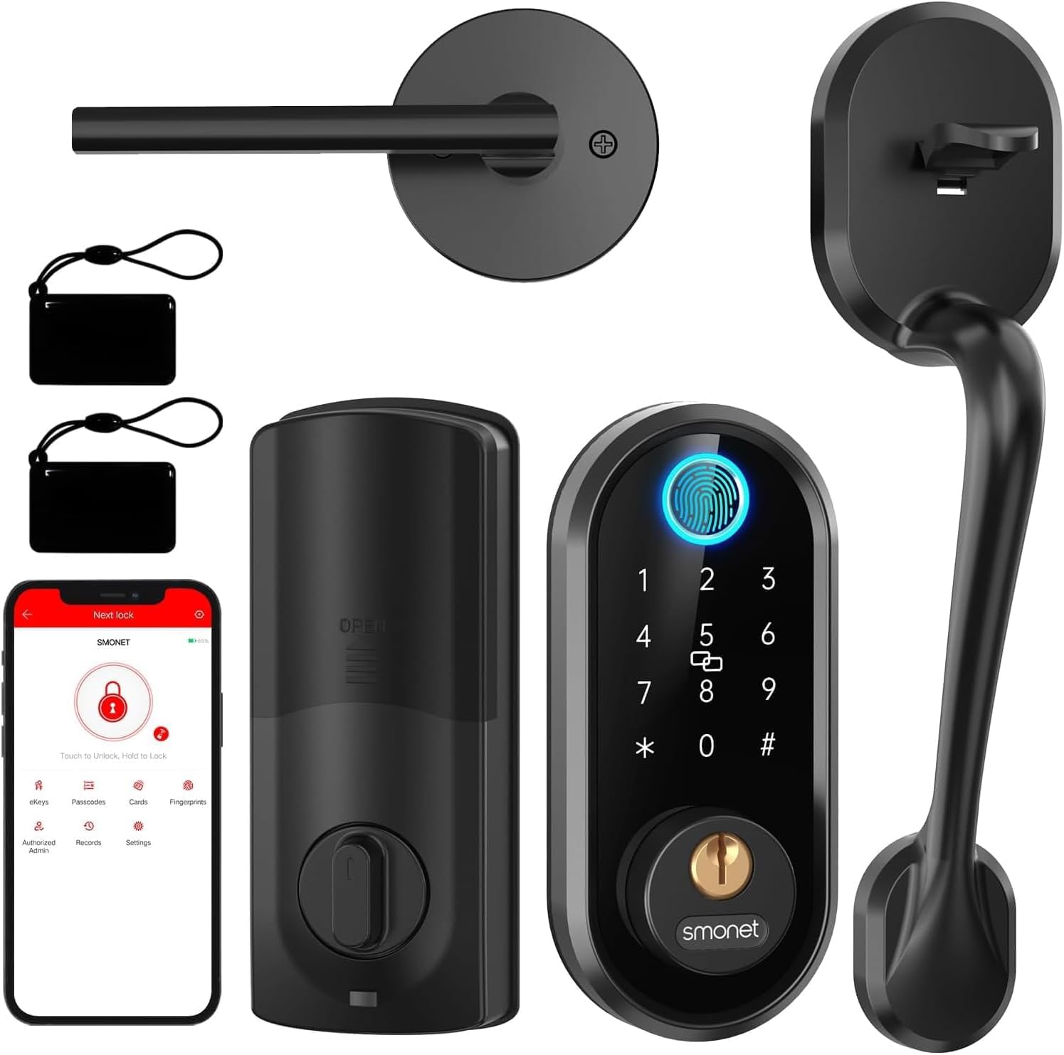 Smonet Keyless Entry Door Lock Handle: Smart Front Door Lock Set, Alexa Deadbolt Locks Front Door Handle, Bluetooth Digital Keypad Lock Black