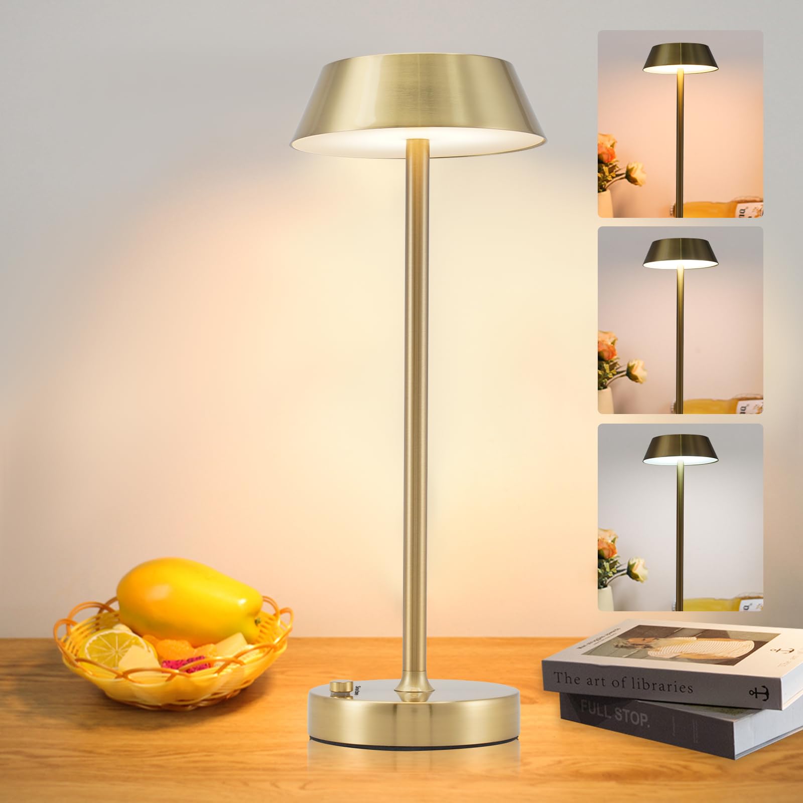 Snotme Cordless Table Lamp, 3 Colors Stepless Dimming,5000Mah Battery Operated Touch Lamp,Portable Led Desk Lamp,Small Table Lamp For Bedroom/Couple Dinner/Desk/Cafe/Dining Room/Terrace (Gold)