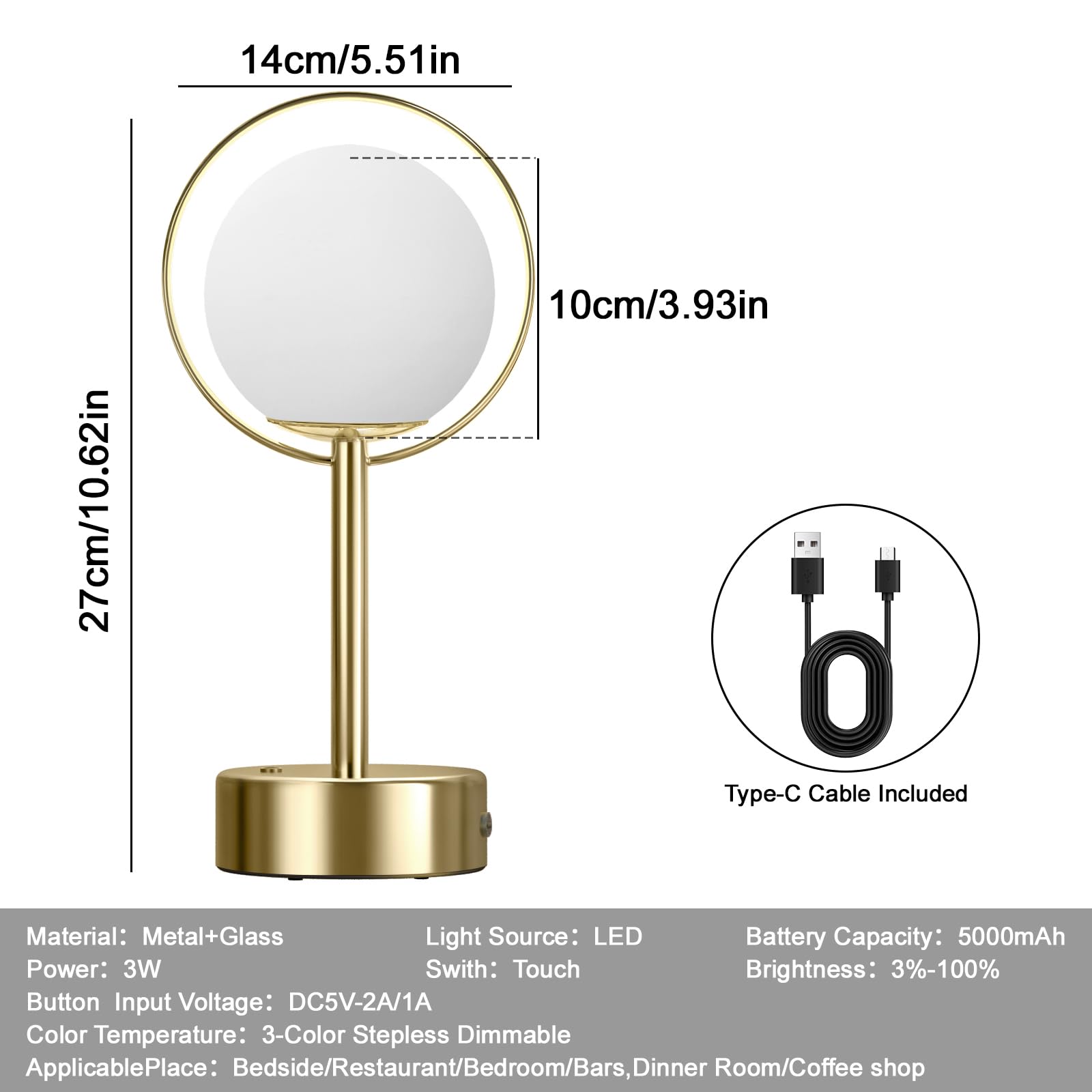 Fuzzbopn Table Lamp-1 Pack 5000 Mah Battery Operated Lamp, Dimming Touch Control Gold Lamp With 3 Color Temperature, Rechargeable Table Lamp For Living Room, Outdoor/Indoor, Bedroom, Restaurant