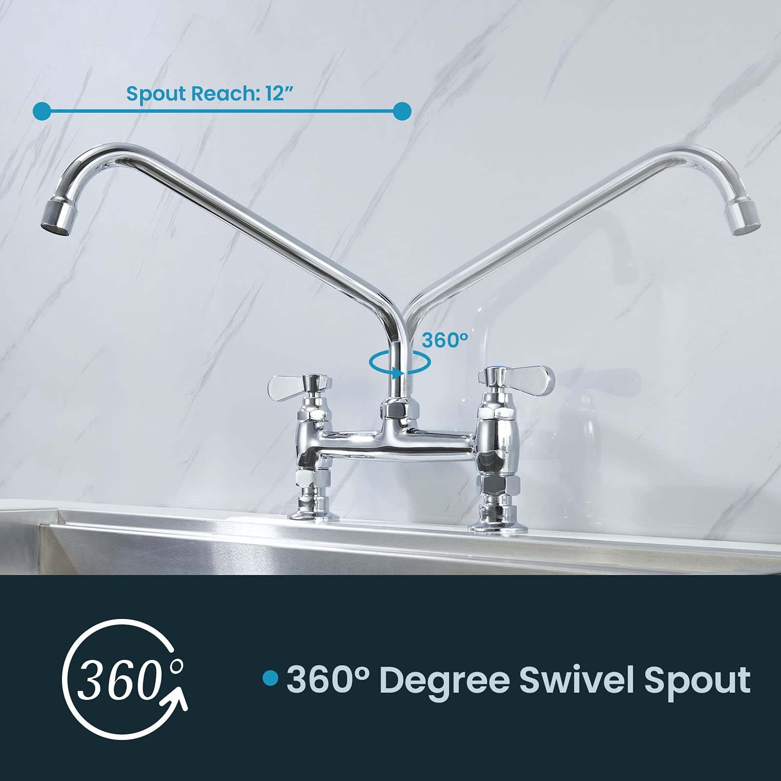 Favorpo Deck Mount Commercial Sink Faucet 8 Inch Center With 12 Inch Swviel Spout Kitchen Faucet For Restaurants Laundry Room Utility Sink 2 Handle 2 Holes Brass Structure