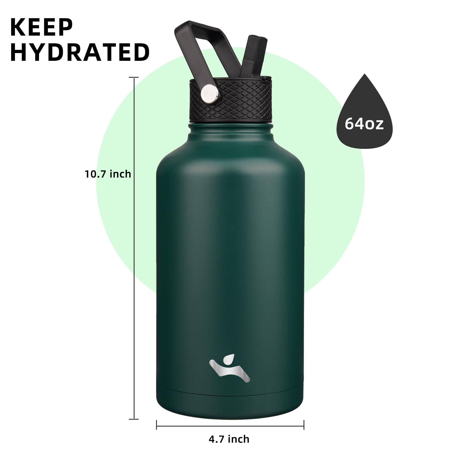 Half Gallon Insulated Water Bottle With Straw,64 Oz 3 Lids Water Jug With Carrying Bag,Paracord