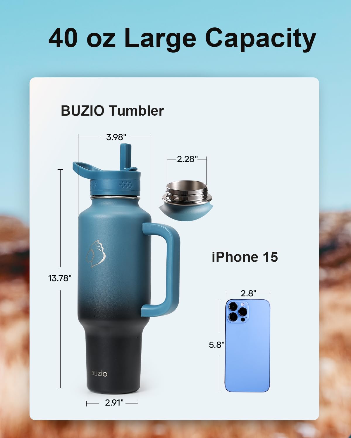 Buzio Insulated Water Bottle With Handle & Flip Straw, 40Oz Metal Travel Tumbler Fits In Cup Holder