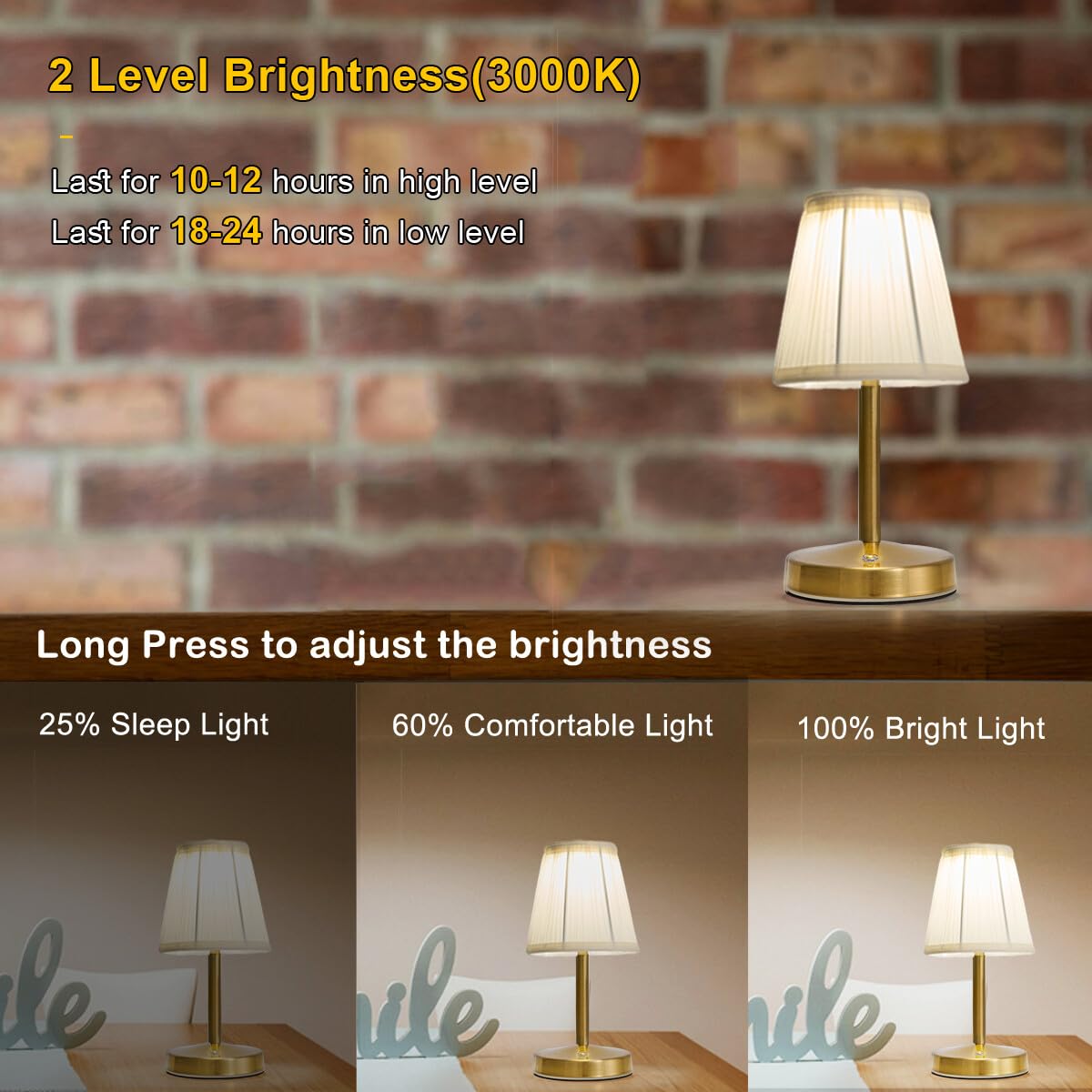 Eypid 3W Led Small Rechargeable Lamp,2000Mah Battery Operated Lamps,Vintage Brass Mini Lamps,2 Level Brightness Small Gold Cordless Mini Lamp For Kitchen Counter(Gold, H 9.8”)