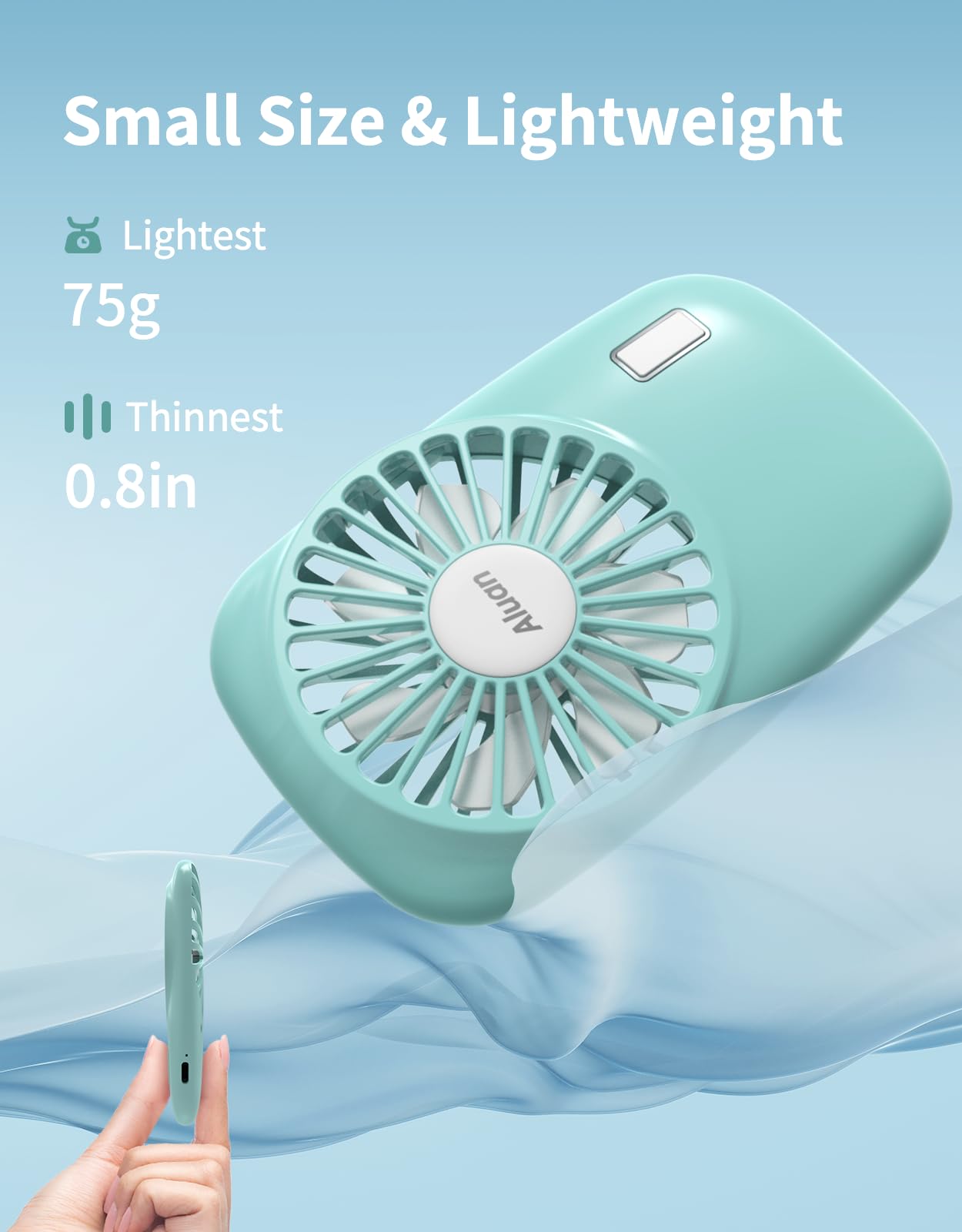 Portable Aluan mini fan with speed adjustability, USB rechargeable, ideal for personal use and beauty routines