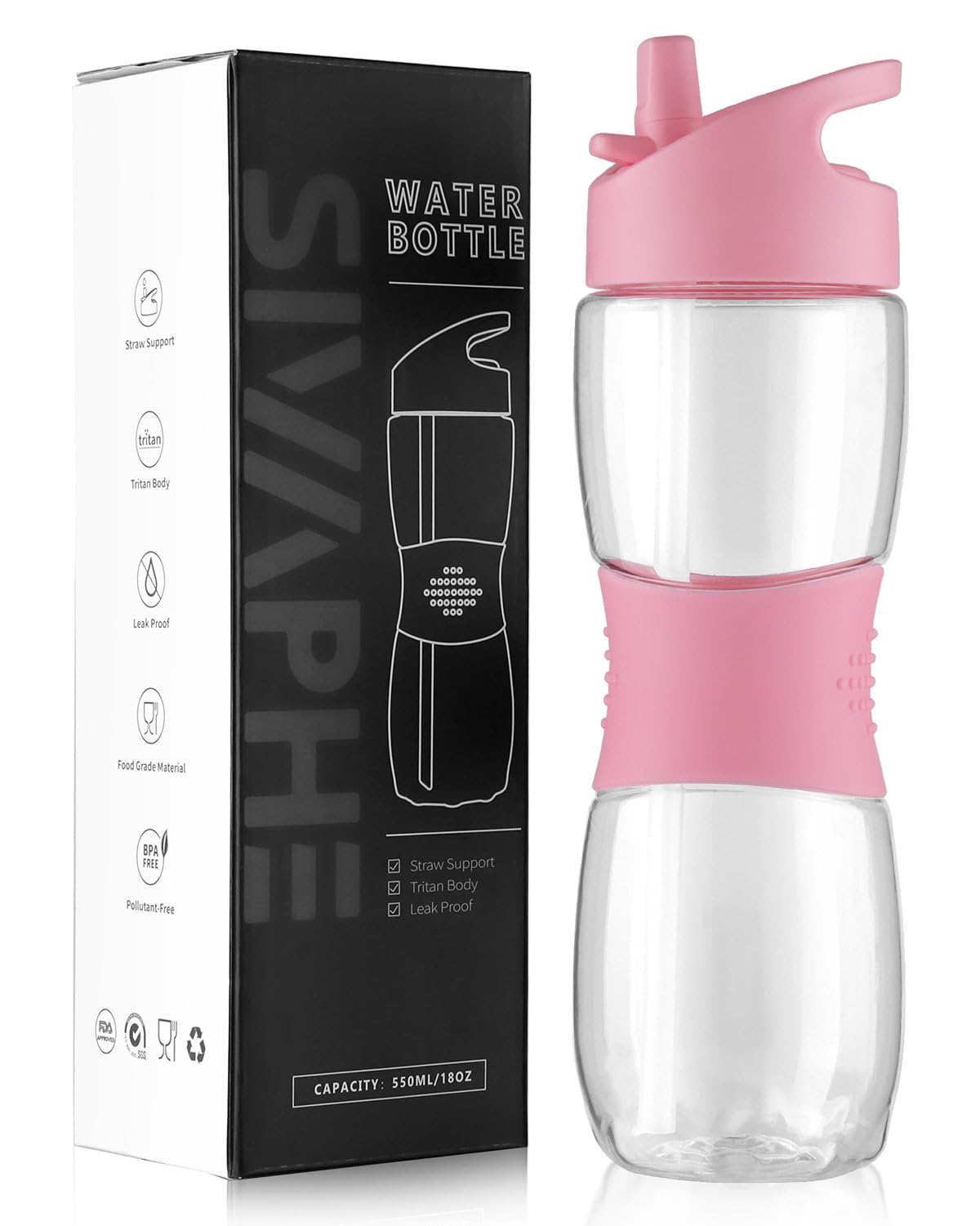 Sivaphe Clear Water Bottle With Straw 18 Oz Portable Tritan Transparent Sports Drinking Bottle