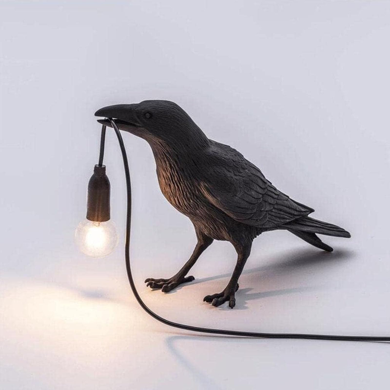 Smowfes Gothic Raven Table Lamp With E14 Base - Lifelike Crow Bird Desk Light For Bedroom, Bedside & Home Decor - Animal Styling Resin Gothic Lamp (Black)