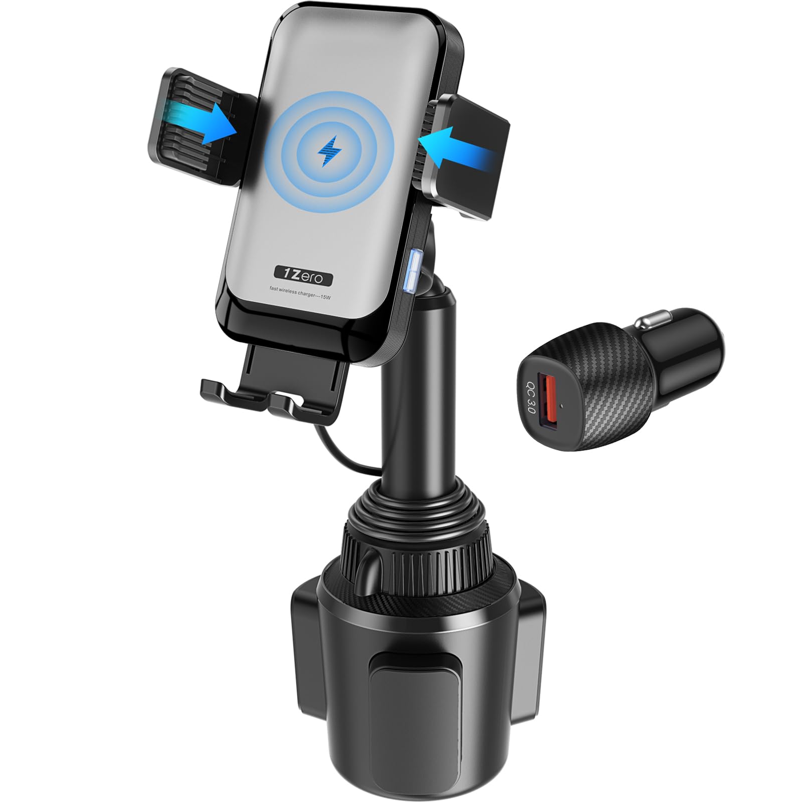 1Zero Auto Clamping Wireless Car Charger Sturdy Cup Phone Holder Mount 15W Fast Charging For Iphone 16 15 Pro Max Plus 14 13 12 11 Xs X Samsung S24 Ultra S23 S22 S22 S21 S20 Pixel 8 Pro 7 6 5 4