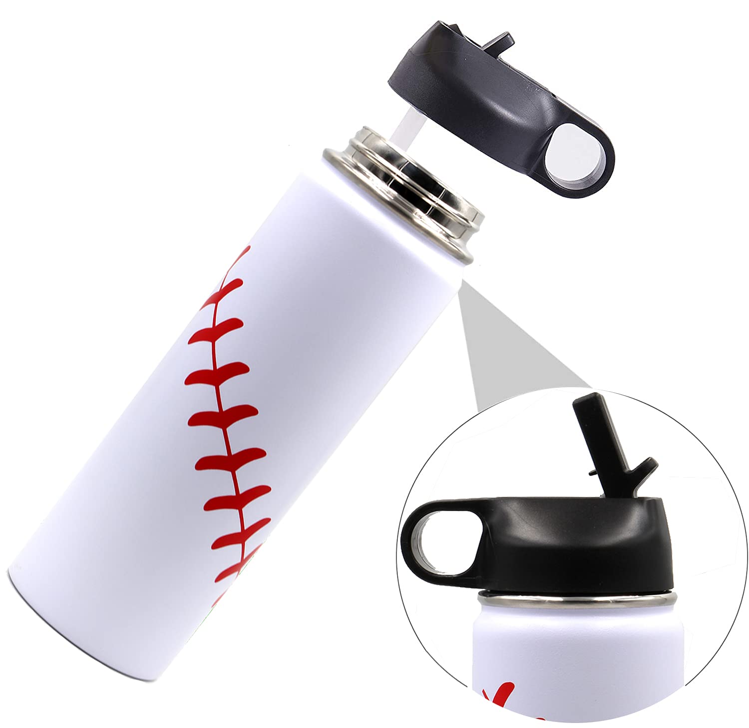 22 Oz Baseball Water Bottle, Flask Sports Metal Thermo Tumbler With 2 Lids, Stainless Steel Double