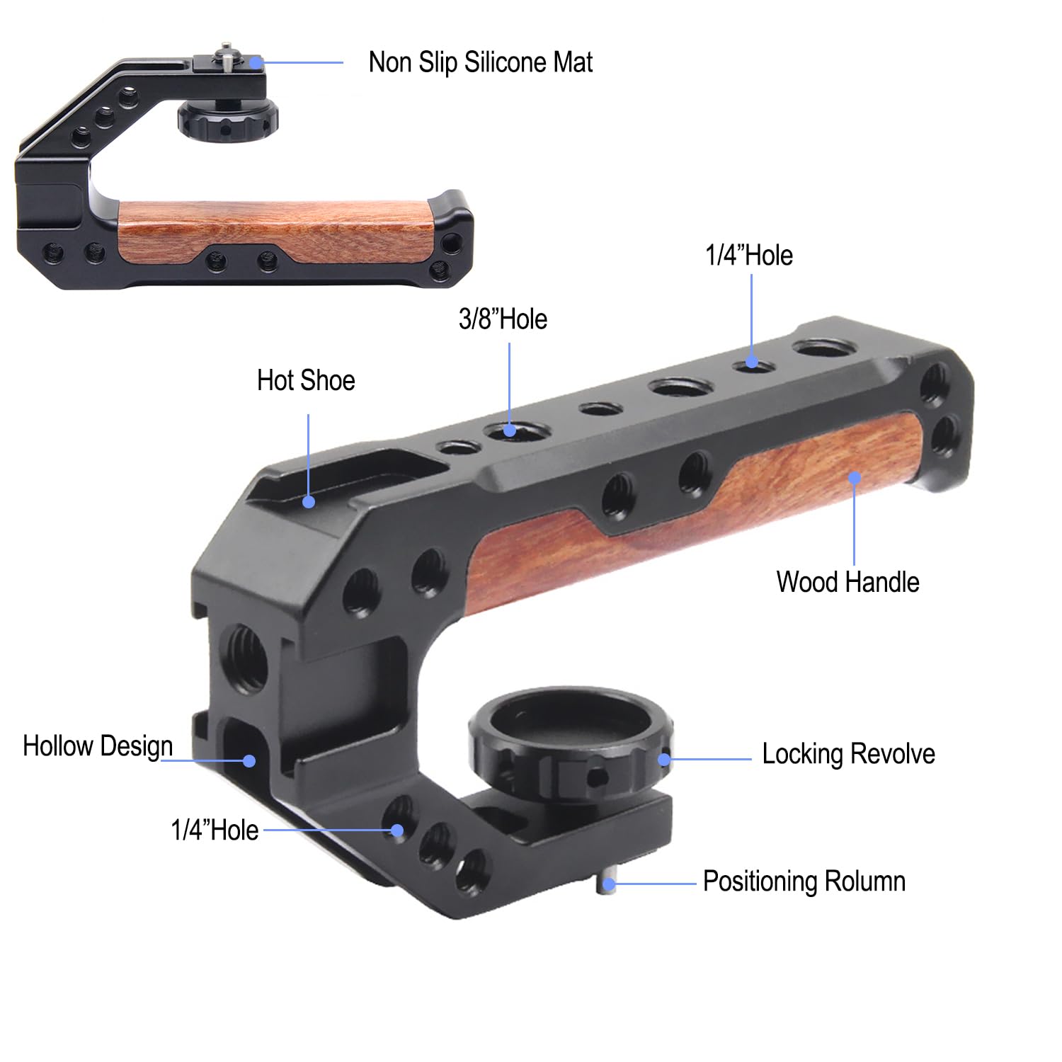 Anntery Top Handle For Camera Cage,Camera Handle Grip, Universal Hand Grip Camera Handle With Cold Shoe Mount 1/4''&3/8'' Holes For Camera, External Monitor, Microphone, Fill Light, Etc-A011
