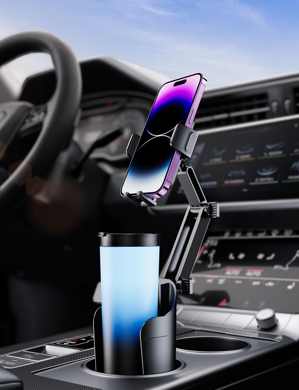 Tryone 2-In-1  Version Cup Phone Holder For Car: Car Cell Phones Cup Stand Expander With Height Adjustable Arm Fit For Truck  Suv  Automobile Compatible With Iphone & Samsung & Android Smartphones