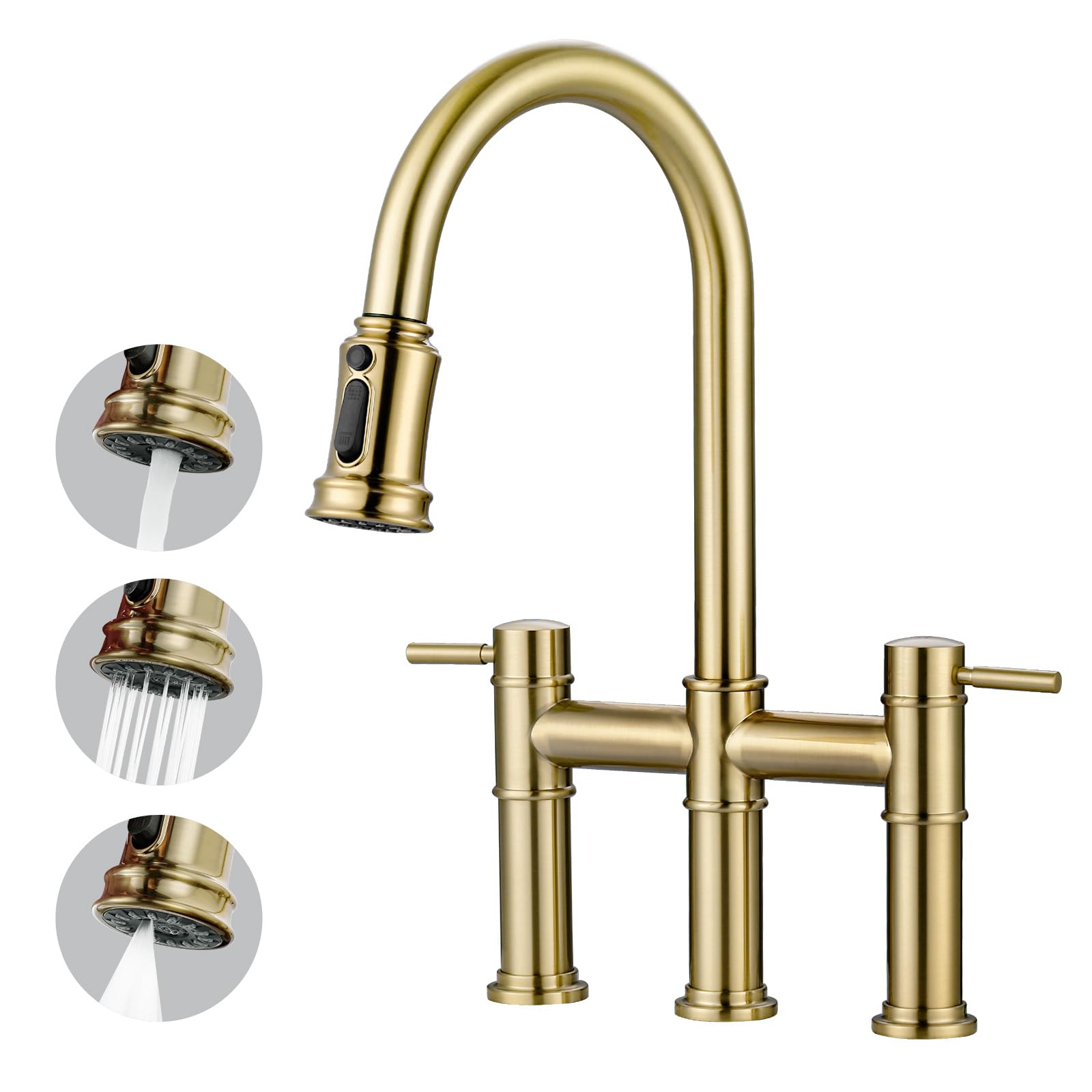 Iviga Bridge Faucet For Kitchen Sink: Gold Farmhouse 3 Hole Kitchen Faucet With Pull Down Sprayer (3 Spray Modes) - 2 Handle High Arc Brass Faucet With 360° Swivel, With Supply Lines