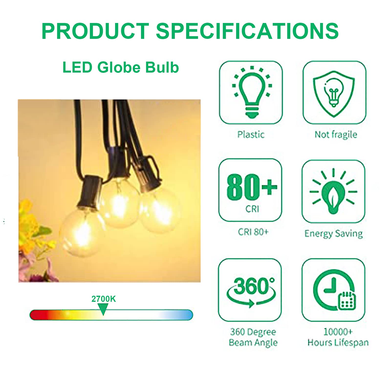 Chyparty G40 Led Replacement Light Bulbs, 0.6W Shatterproof Globe Bulb, E12 Candelabra Base, 1.5 Inch Dimmable G40 Bulbs For Outdoor String Lights, Patio Light Decor- Warm White 25 Pack